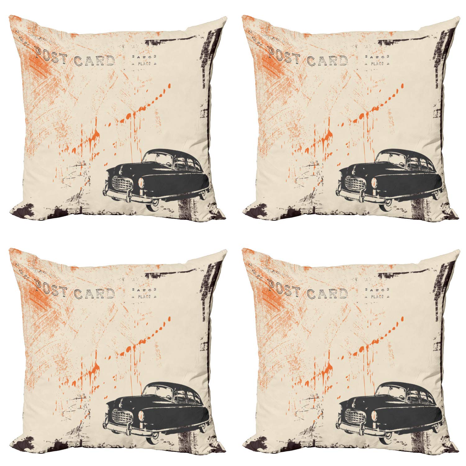 Ambesonne Vintage Car Decorative Throw Pillow Covers Set of 4 - 18x18 Inch Classic Old Fashioned Automobile Street Art Postcard Design - Beige & Black Cushion Covers for Sofa, Living Room, Bedroom & Car Decor