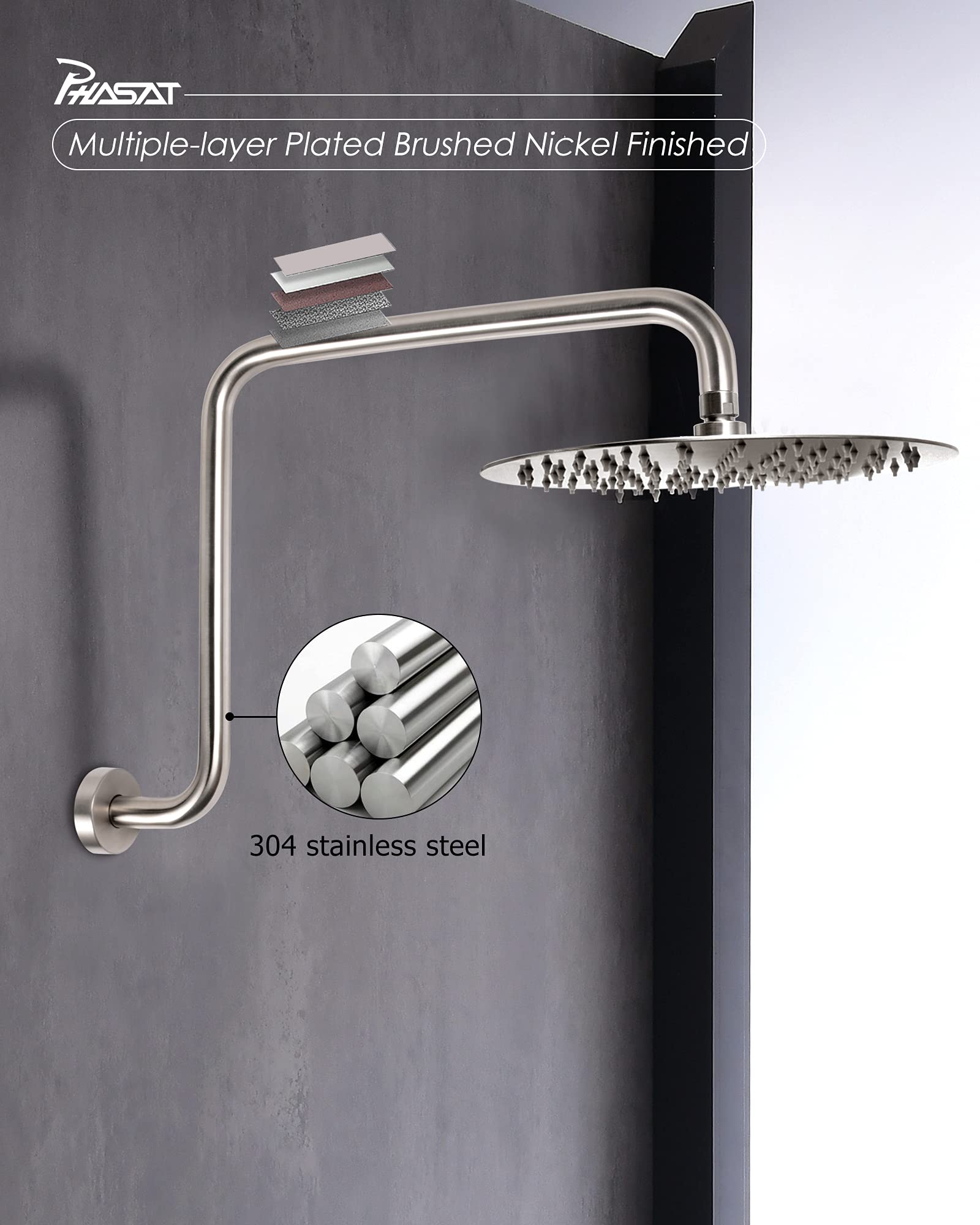 High Rise S Shaped Shower Arm 16.65 Inches - Brushed Nickel Shower Head Extension with Flange | Durable Replacement for Bathroom & Shower Upgrades | Perfect for Modern Home, Spa, and Hotel Renovations