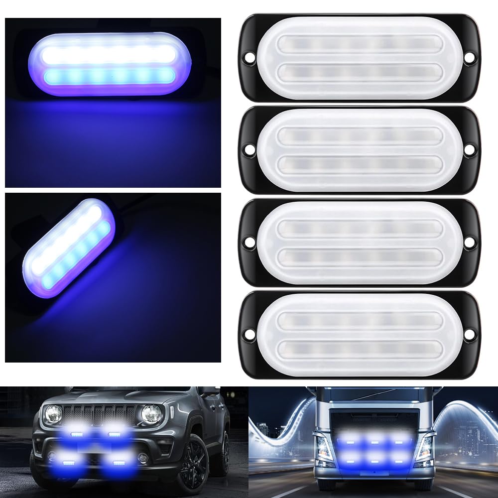 Sidaqi 4PCS 12LED Emergency Strobe Lights - Ultra Slim Surface Mount Flashing Hazard Lights for Vehicles 12-24V (Blue & White) - Perfect for Trucks, Emergency Vehicles & Construction Safety