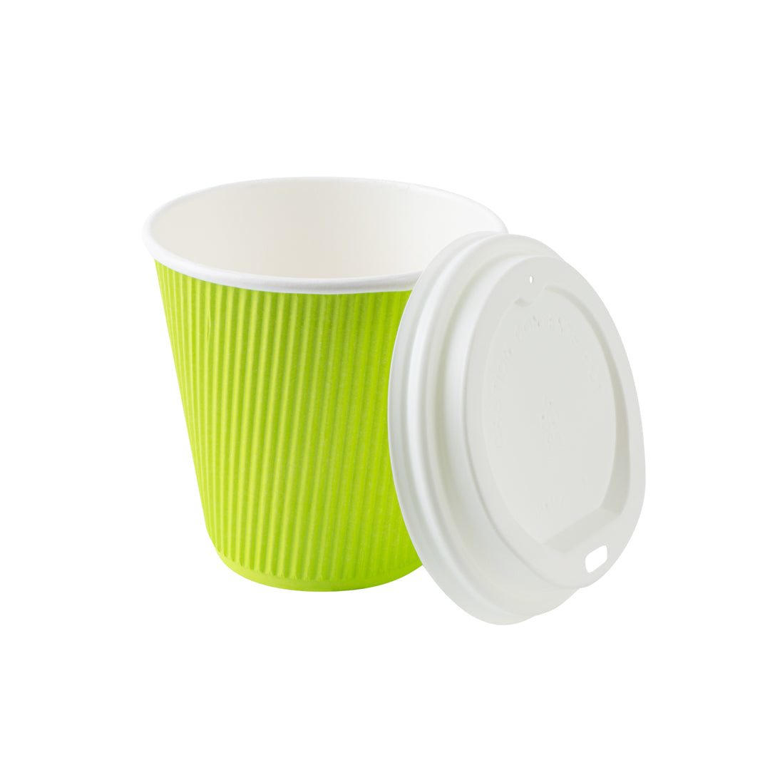Eco-Friendly 8 oz Ripple Wall Paper Coffee Cups with White Lids - 3.5