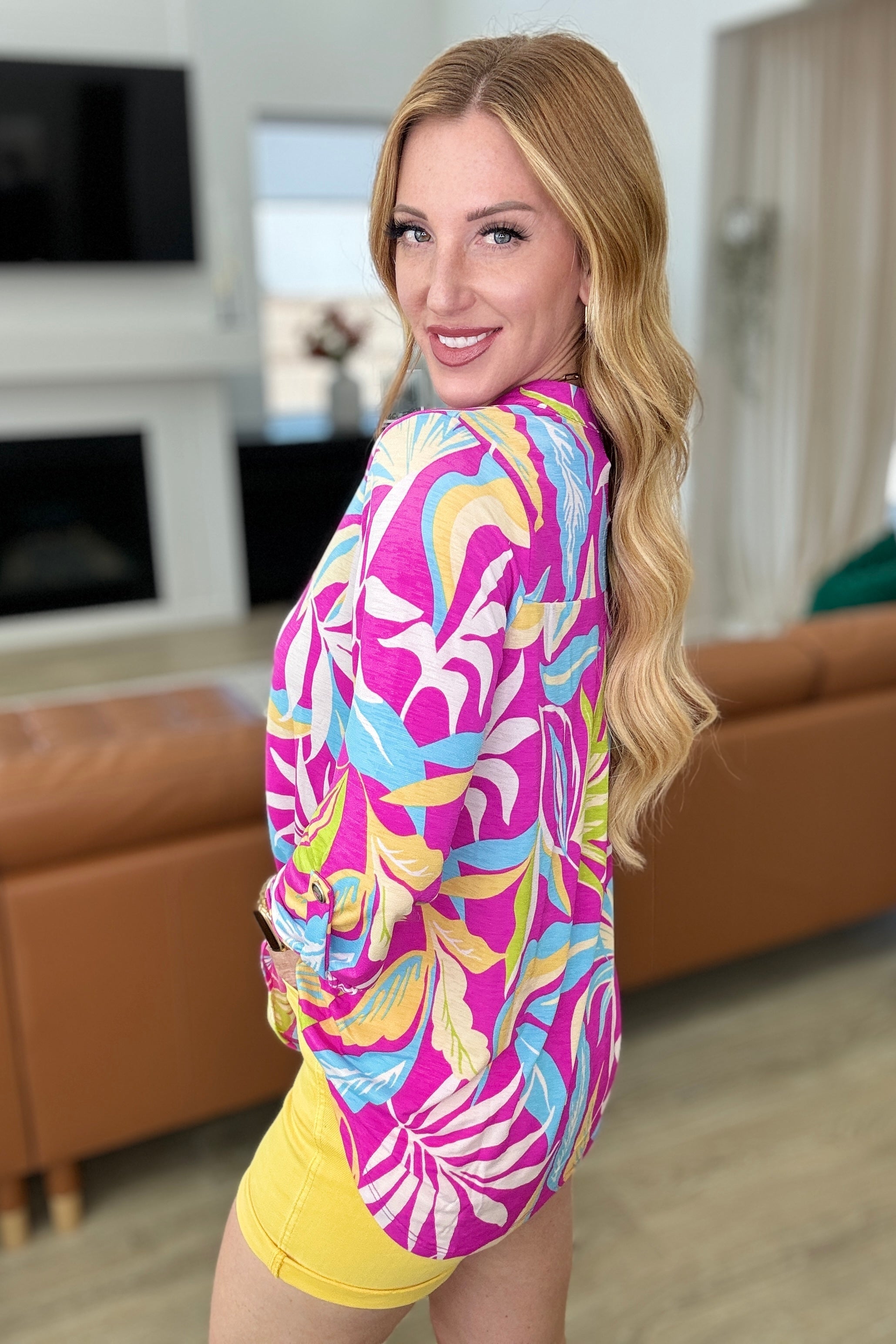 Lizzy Women's Sleeveless Top in Magenta & Lime Palm Print - Casual Summer Blouse for Beach, Vacation, and Everyday Wear