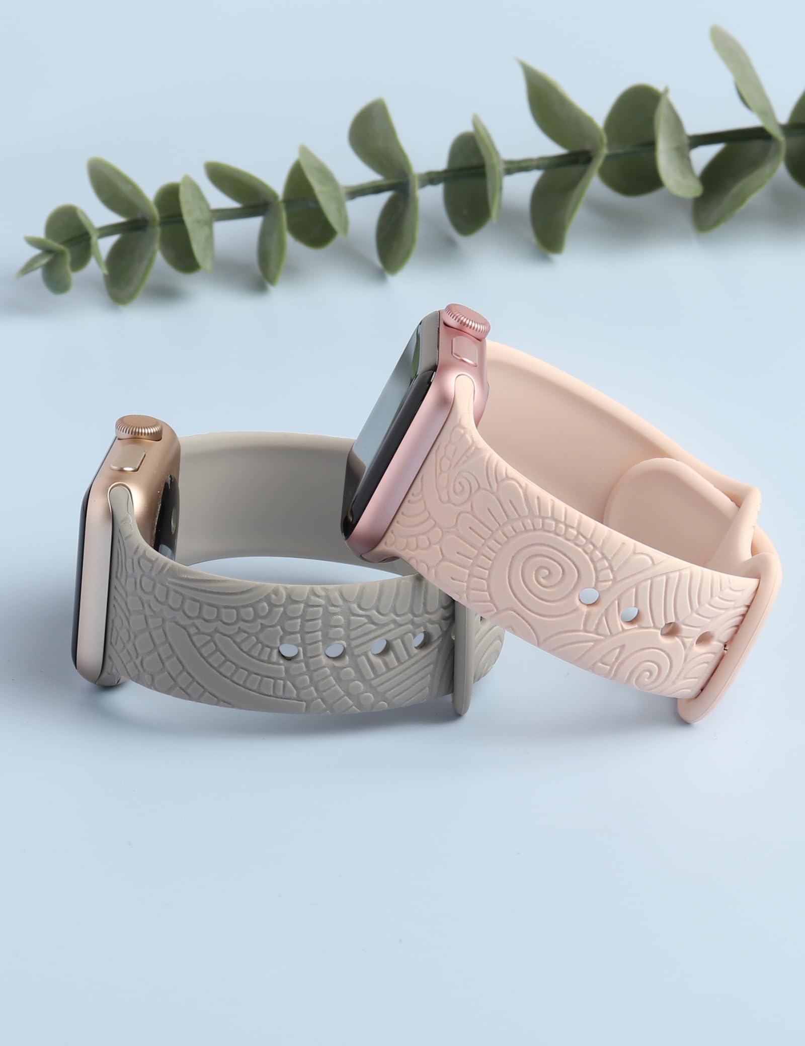 2 Pack Elegant Tropical Flower Engraved Replacement Bands for Apple Watch 38mm 40mm 41mm 42mm 44mm 45mm 49mm - Compatible with iWatch Series 8/7/6/5/4/3/2/1/SE/Ultra - Stylish Unisex Watch Strap for Workout, Office & Casual Wear