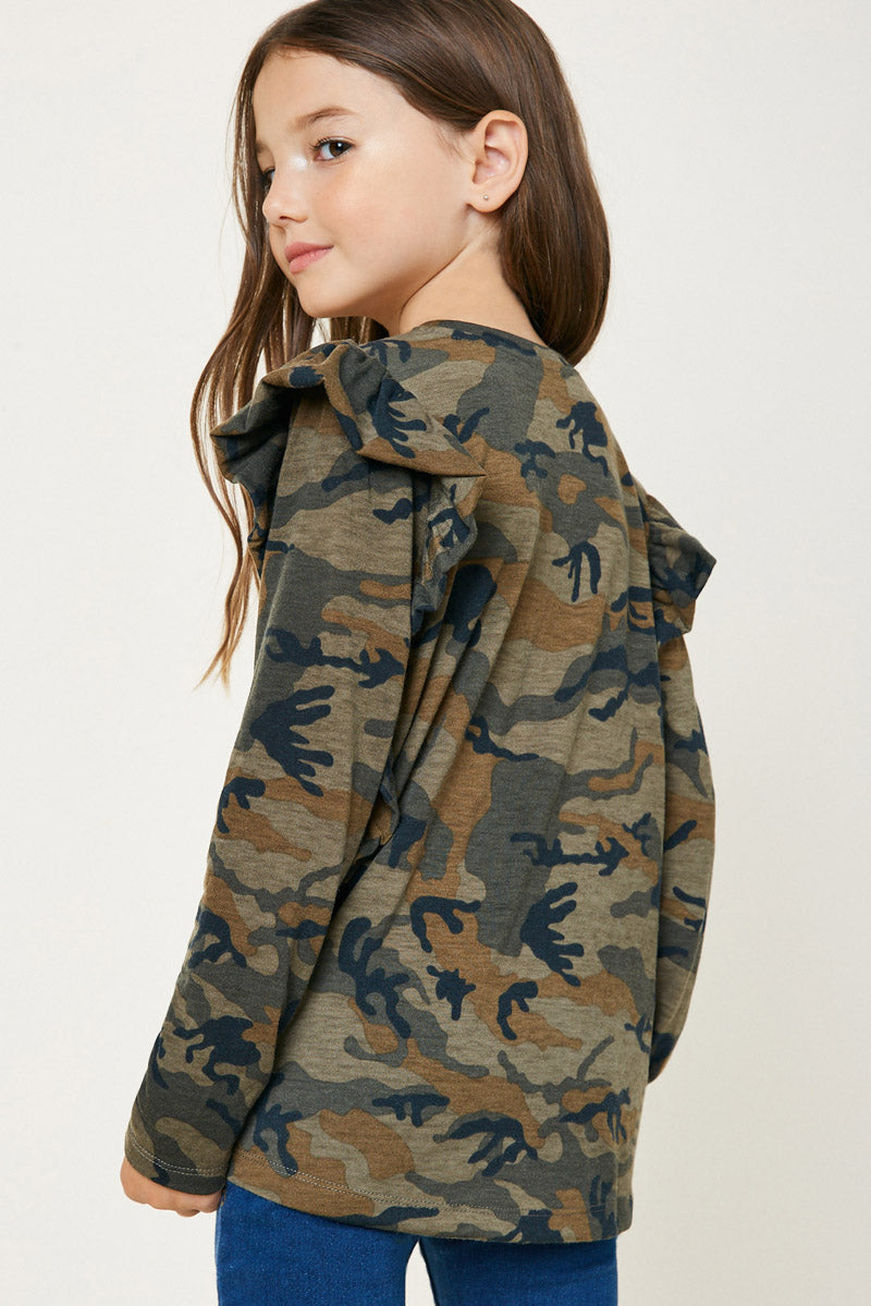 Women's Camo Print Ruffle Long Sleeve Blouse - Stylish Casual Shirt for Fall Outfits, Date Night & Office Wear