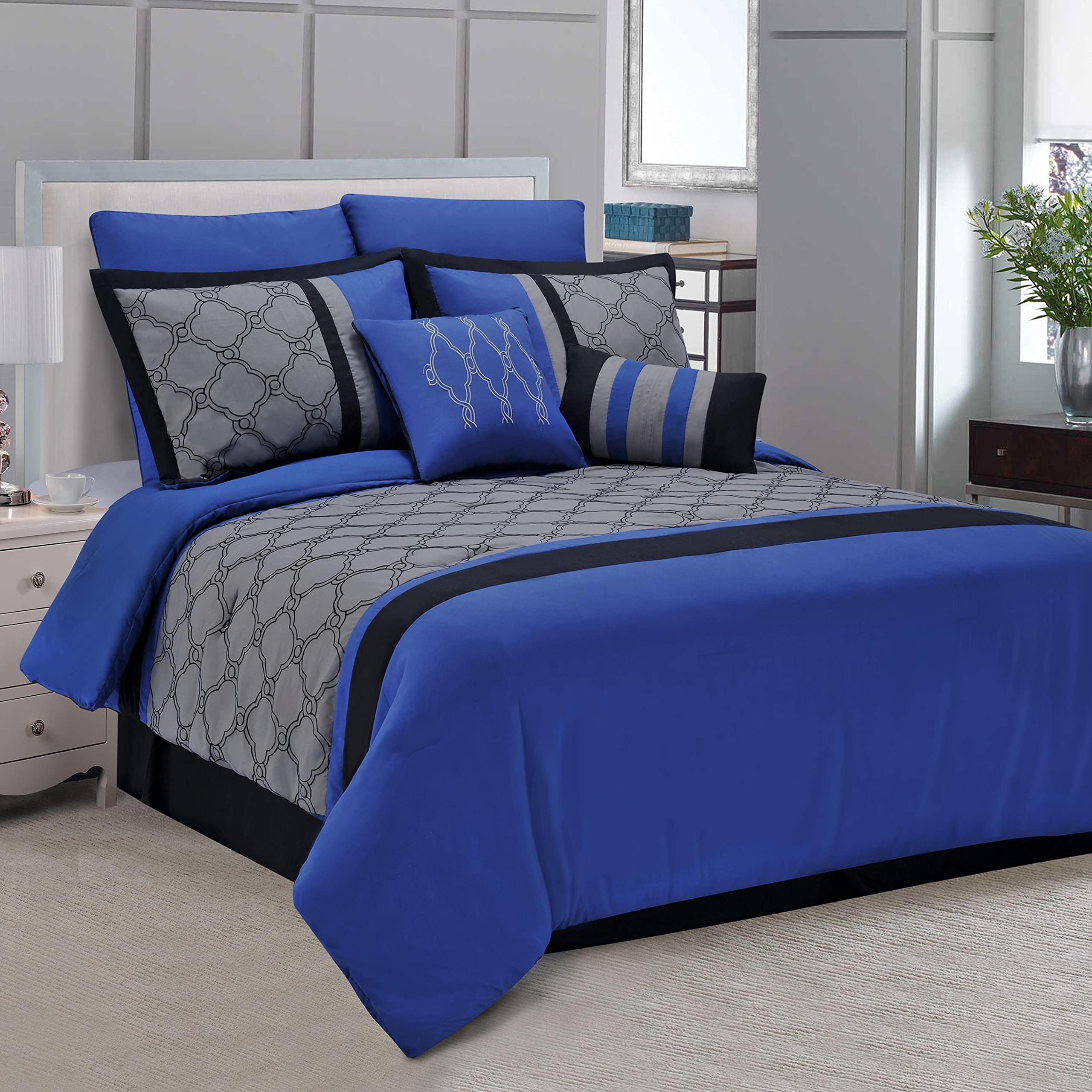 Premium Maxfield 8-Piece Embroidered Comforter Set - California King Size, Luxurious Blue Bedding for Master Bedroom & Guest Room Decor