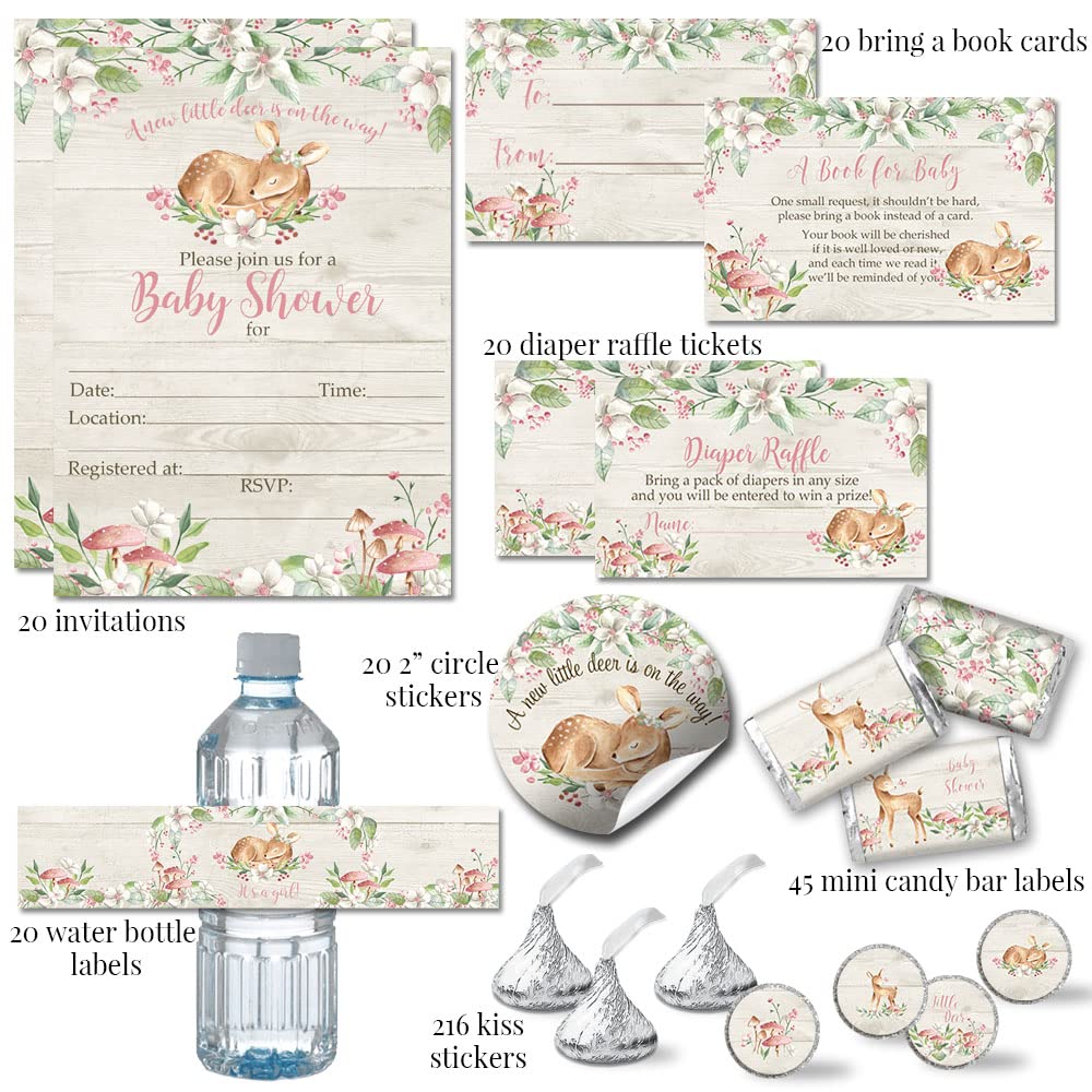 Amanda Creation Woodland Deer Baby Shower Party Set - 20 Invitations with Envelopes, 4 Sizes Decorative Stickers, Diaper Raffle Tickets & Book Exchange Cards - Perfect for Gender Reveal, Nursery Decor & First Birthday Celebrations