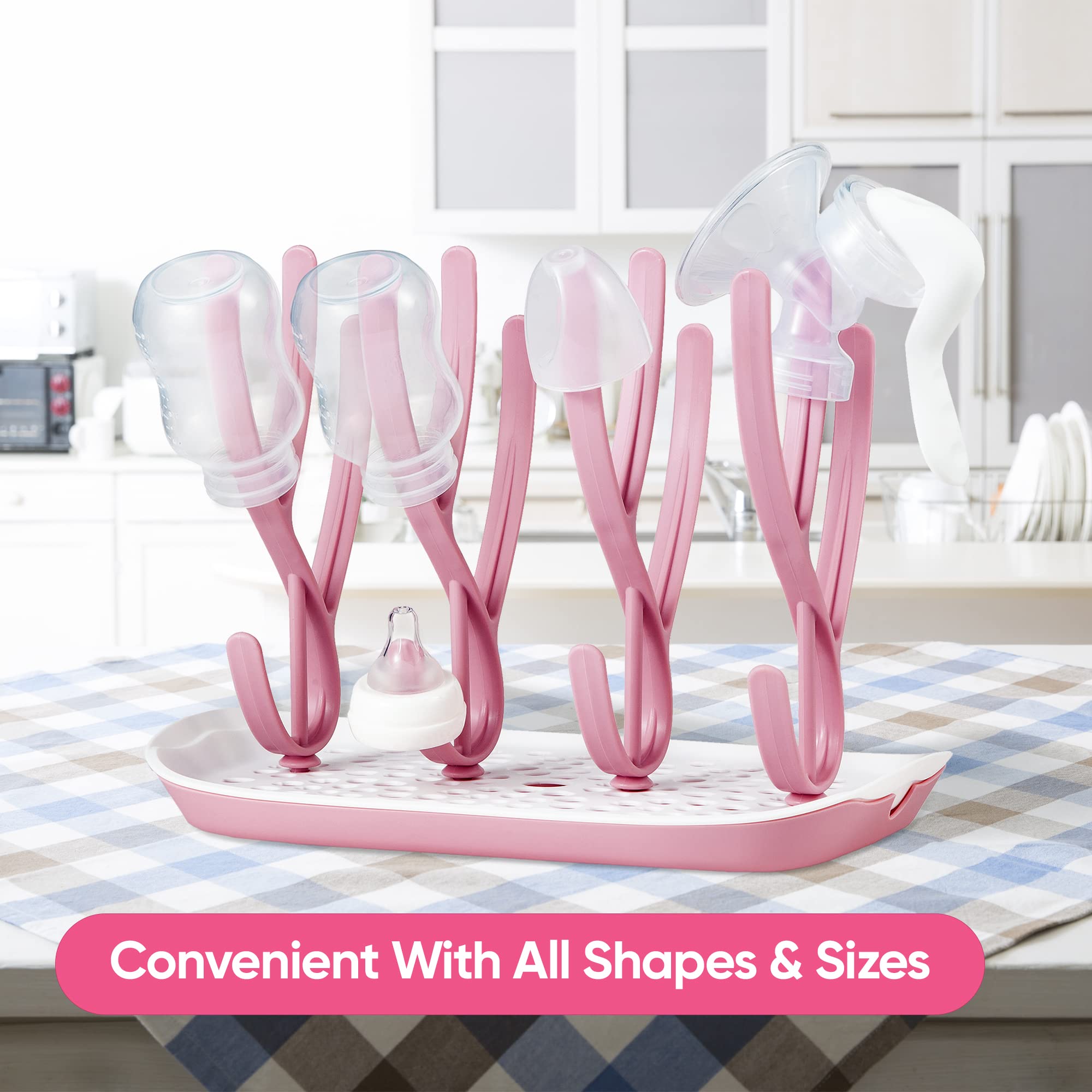Albert Austin Baby Bottle Drying Rack - 8 Bottle Capacity, Hygienic Air-Dry Storage for Baby Bottles, Nipples, Sippy Cups & Pacifiers | Space-Saving Nursery Organizer | Perfect for Breastfeeding Moms & Daycare Use (Pink)