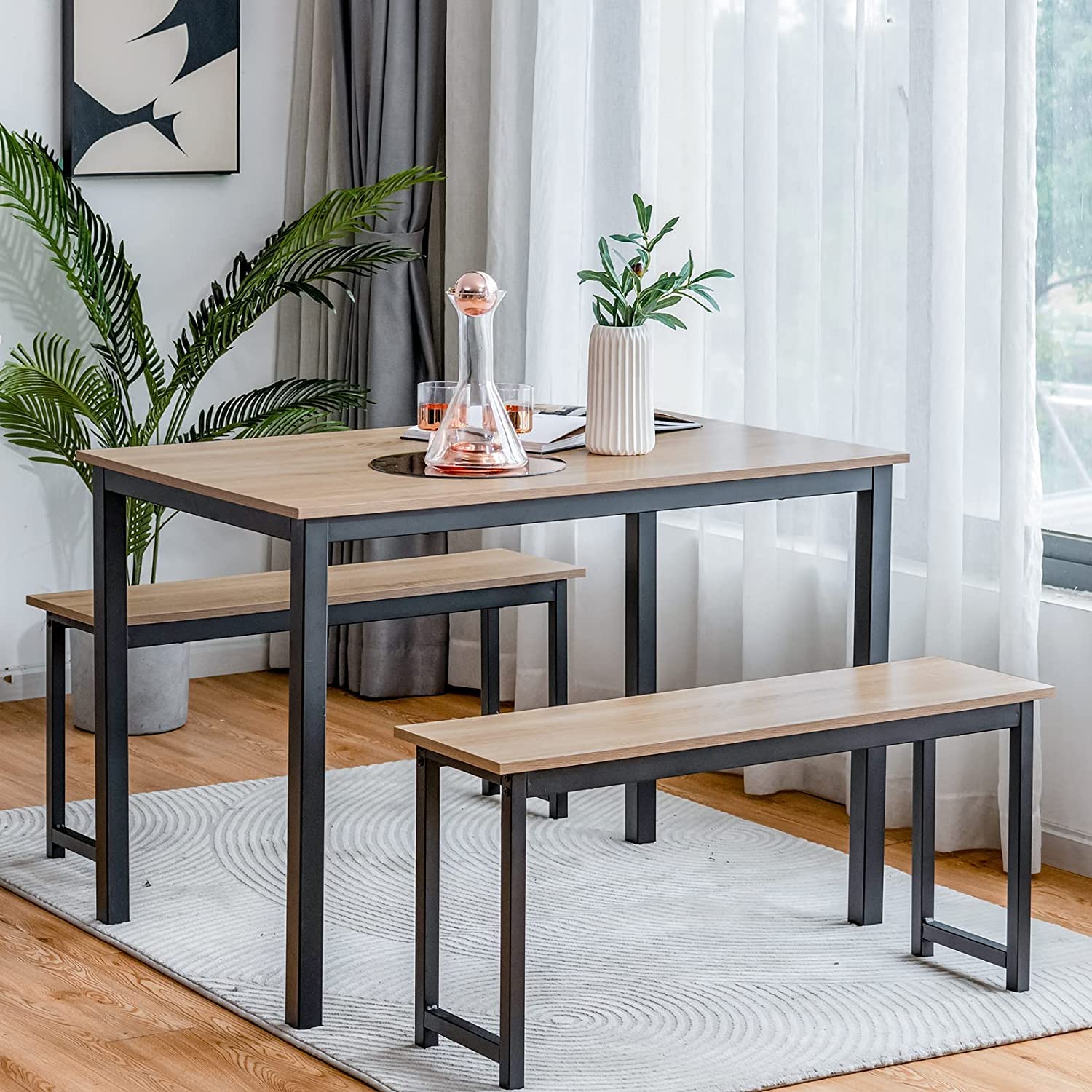 Modern 3-Piece Dining Table Set for 4 with 2 Benches - Industrial Brown & Black Metal Frame Kitchen Table & Chairs | Perfect for Small Spaces, Apartments, and Cozy Dining Rooms