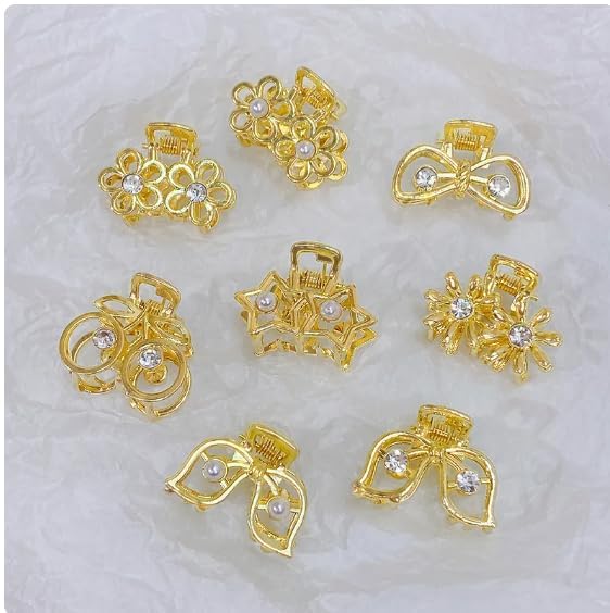 Livecool Handmade Pearl & Crystal Hair Clips - Elegant Gold Geometric Hair Barrettes & Bobby Pins for Women & Girls (2pcs Metal Small Claw) - Perfect for Weddings, Parties & Daily Hair Styling