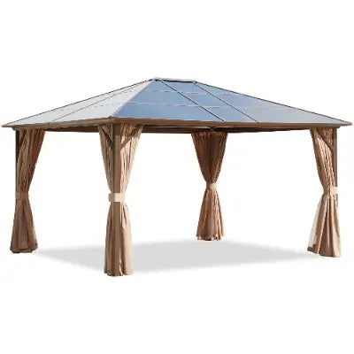 EROMMY 12'x14' Hardtop Gazebo with Polycarbonate Roof & Aluminum Frame - Permanent Outdoor Pavilion with Curtains & Netting - Perfect for Patio, Garden, and Backyard Relaxation