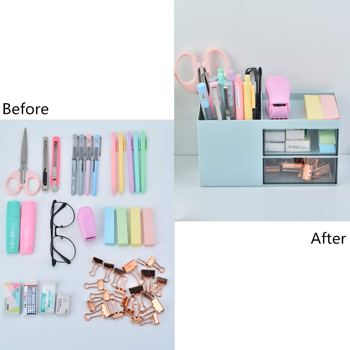 Citmage 5-Compartment Desk Organizer - Plastic Office Workspace Caddy for Pencils, Pens, Markers & Erasers - Blue Desktop Storage Box for School, Office & Home Organization