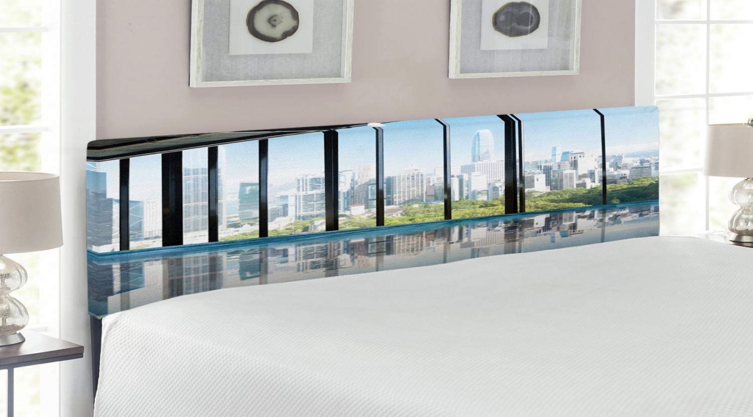 Ambesonne Modern Upholstered Headboard - New York Cityscape & Central Park Forest Photograph, King Size Bed Headboard with Memory Foam in Sky Blue & Green | Perfect for Urban Bedroom Decor & Apartment Styling