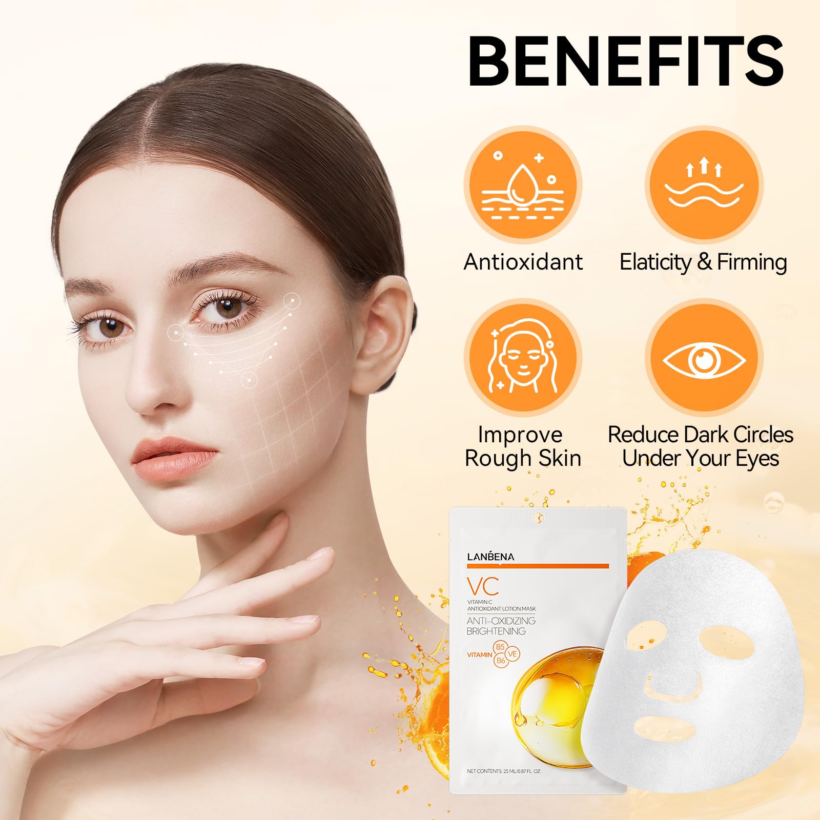 LANBENA Vitamin C Hydrating Sheet Masks - Brightening, Firming & Anti-Aging Overnight Face Mask for All Skin Types | Deep Moisturizing Spa Skincare Treatment | 1 Pack | Perfect for Nighttime Routine, Dry Skin Relief & Glowing Skin Care Regimen