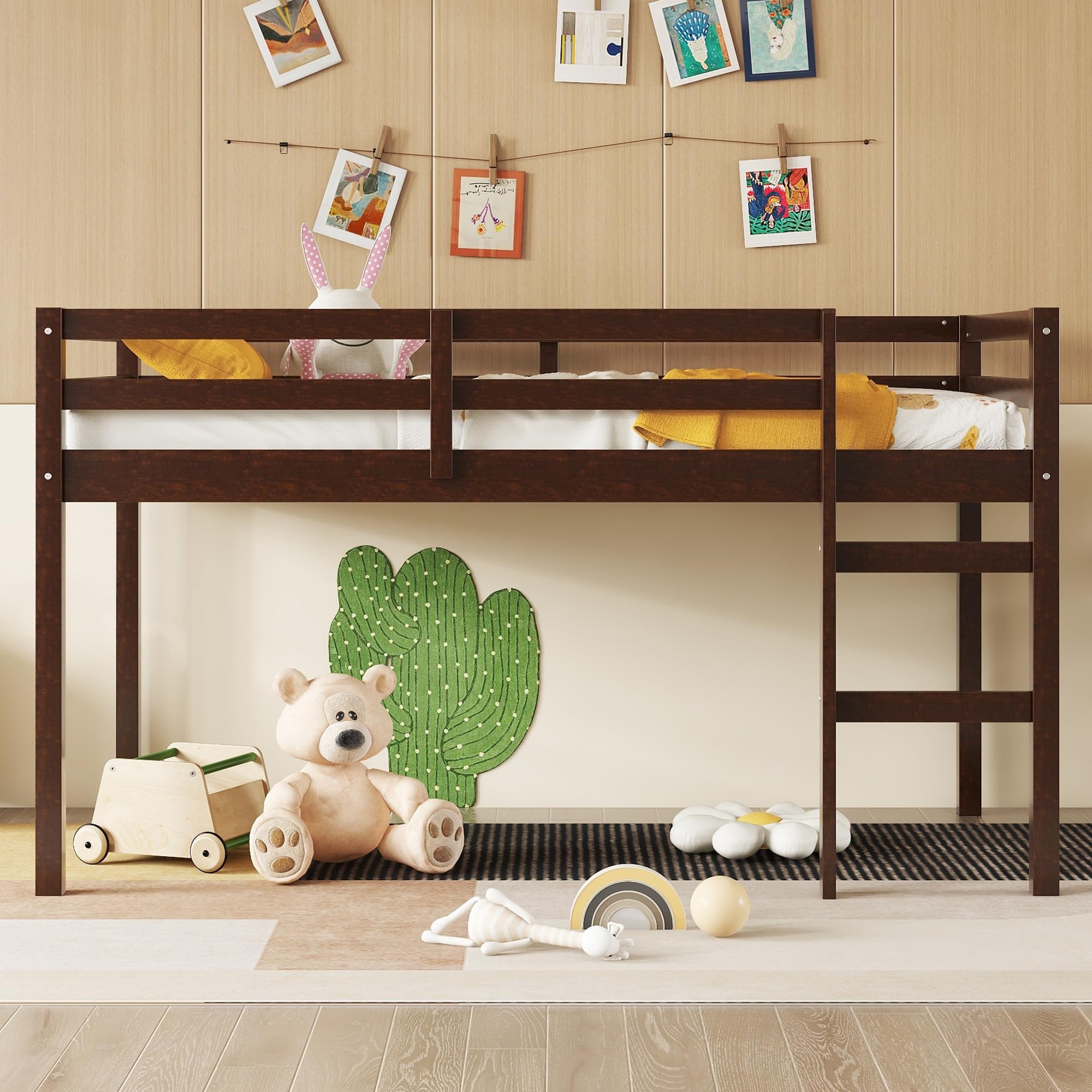 Bellemave Twin Size Wooden Loft Bed for Kids with Ladder - Low Bunk Bed in Espresso Finish - Perfect for Small Bedrooms, Dorm Rooms & Space-Saving Kids' Rooms