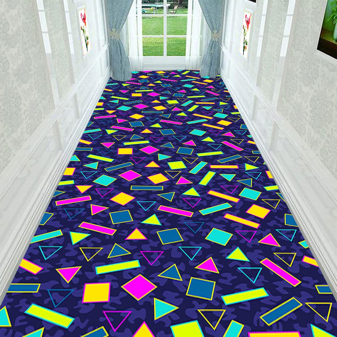 Vintage 80s Pattern Runner Rugs - Geometric Triangle Square Rectangle Design Non-Slip Hallway Carpet 3.3' x 11.5' - Perfect for Entryways, Corridors & Narrow Spaces