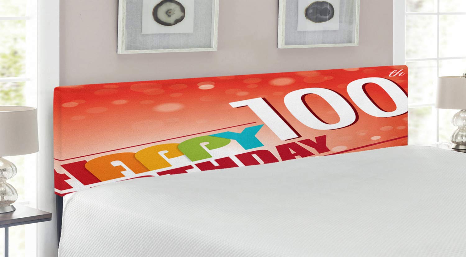 Ambesonne King Size Upholstered Metal Headboard with Memory Foam - Red Vermilion Abstract Party Design for 100th Birthday Celebrations | Perfect for Bedroom Decor, Guest Rooms & Special Occasion Backdrops