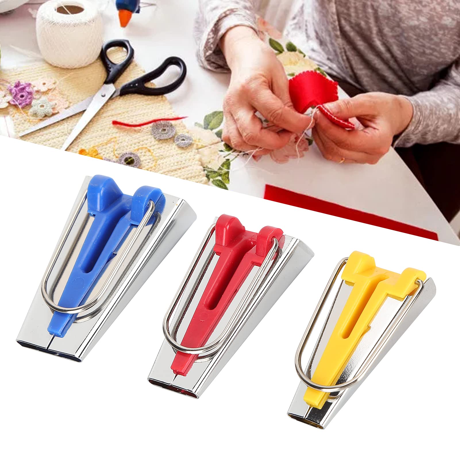 3Pcs Bias Tape Maker Kit - Fabric Tape Maker Tools with Wooden Awl, Bead Needles & Clip Presser Foot Threader for Sewing, Quilting & Patchwork | Perfect for DIY Crafts, Garment Making & Home Decor Projects