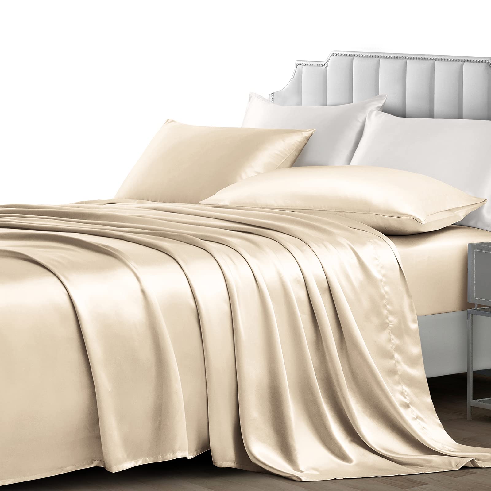 Luxury 4-Piece Satin Sheet Set Queen Size - 1 Fitted Sheet, 1 Flat Sheet & 2 Pillowcases - Cooling Silky Soft Satin Bedding in Khaki | Perfect for Hot Sleepers, Master Bedroom Upgrade & Hotel-Style Comfort