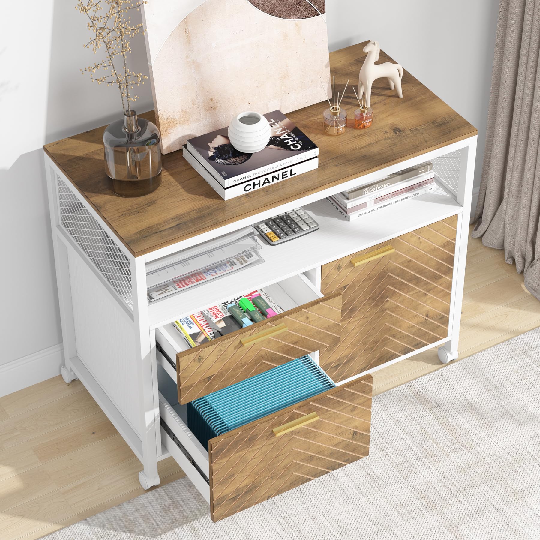 Tribesigns Modern Lateral File Cabinet with 2 Drawers & Door - Letter Size Home Office Storage with Rolling Casters & Printer Stand - Perfect for Organizing Documents, Supplies & Office Equipment
