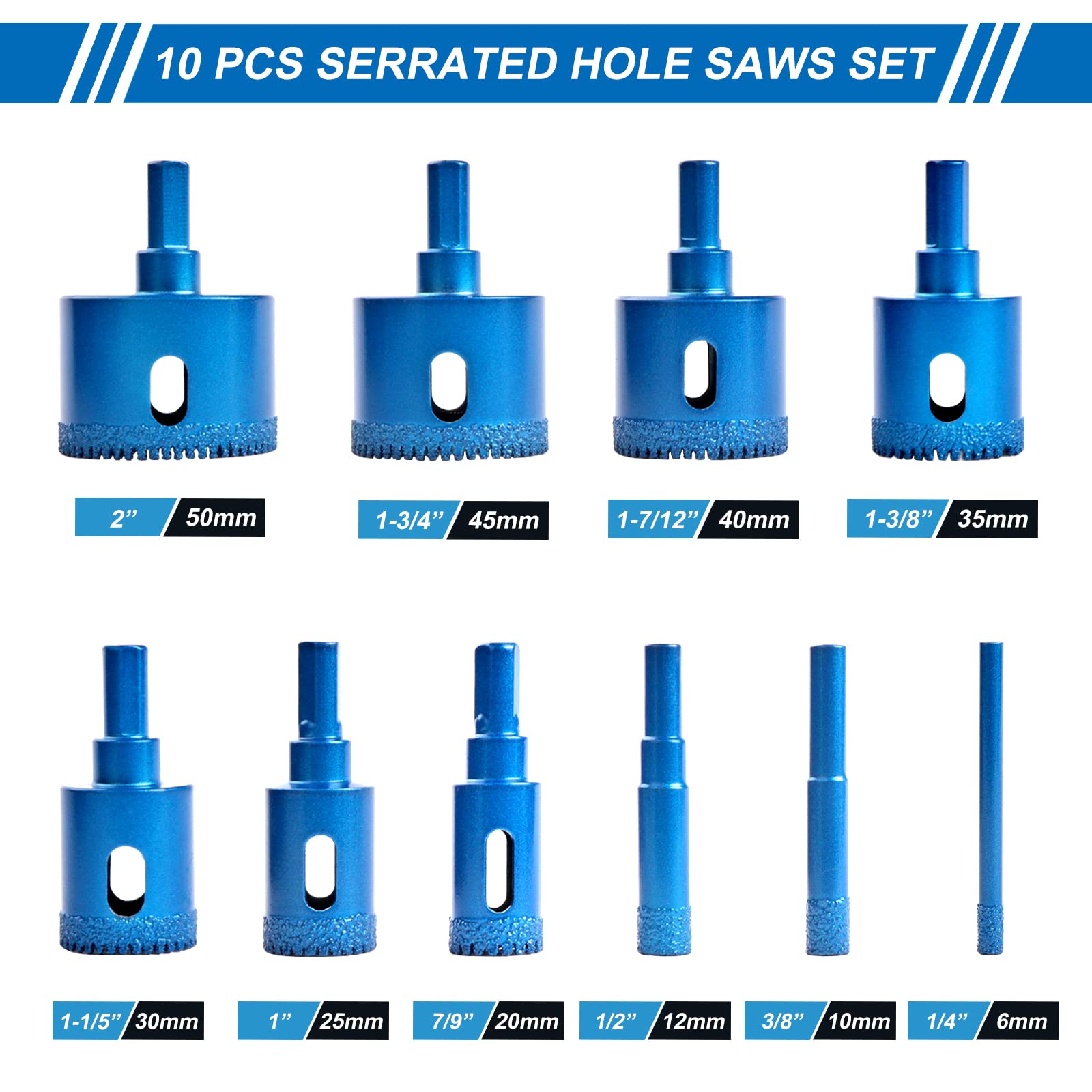10PCS Diamond Hole Saw Drill Bit Set for Ceramic Tile, Glass, Marble & Granite - Serrated Brazing Core Drill Bits with EVA Guide Jig - Perfect for Bathroom Renovation, Kitchen Backsplash & DIY Home Projects