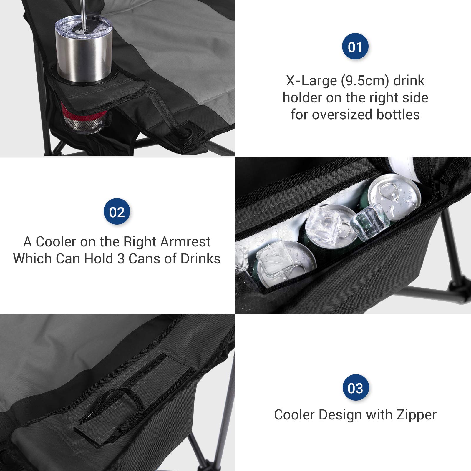 AsterOutdoor Heavy Duty Camping Folding Chair with Padded Seat, Large Cup Holders & Side Organizer - 350lbs Capacity for Backyard, Beach, Fishing, Picnics & Outdoor Events | Portable Quad Arm Chair with Back Pocket for Comfortable Relaxation