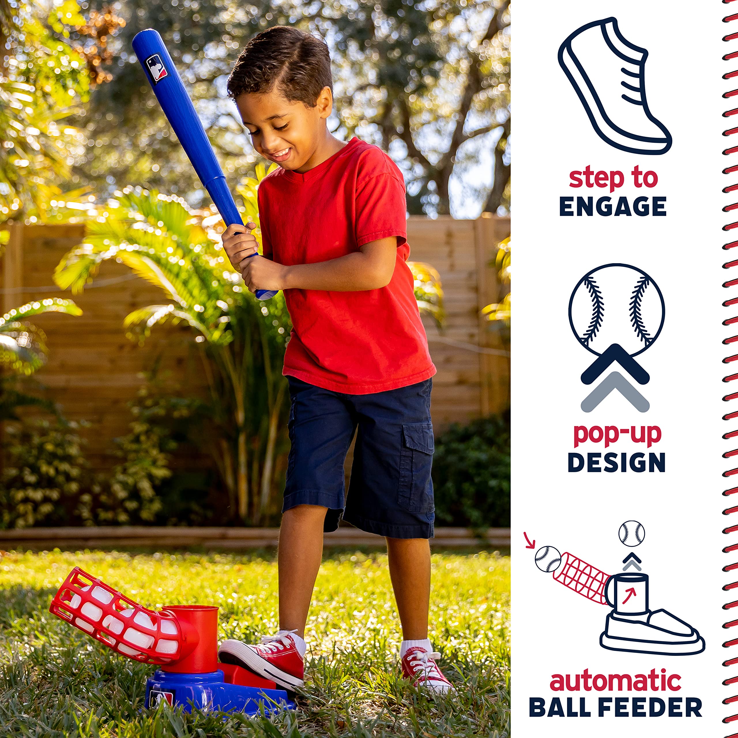 Franklin Sports Kids Baseball Pitching Machine - Pop A Pitch Batting Trainer with Youth Bat & 3 Plastic Balls - Perfect for Backyard Practice, Team Training & Birthday Gifts - Red/Blue Baseball Toy for Boys & Girls
