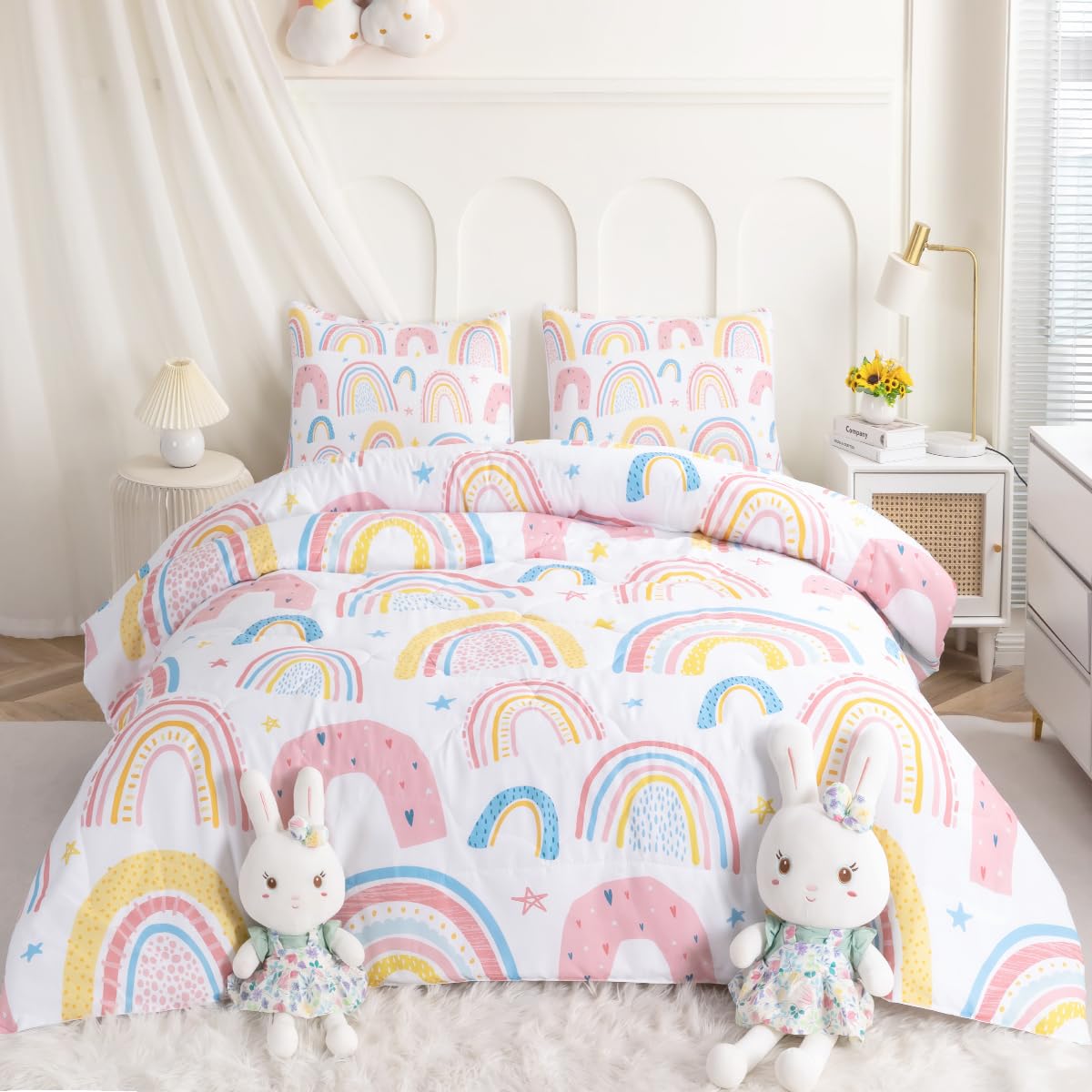 BEDMUST Rainbow King Comforter Set for Girls - Pink & Yellow Star Pattern Bedding, 3 Piece Set with 1 Comforter & 2 Pillow Shams | Soft & Cozy Twin/Full/Queen Size | Perfect for Kids Bedroom, Dorm Room & Sleepovers