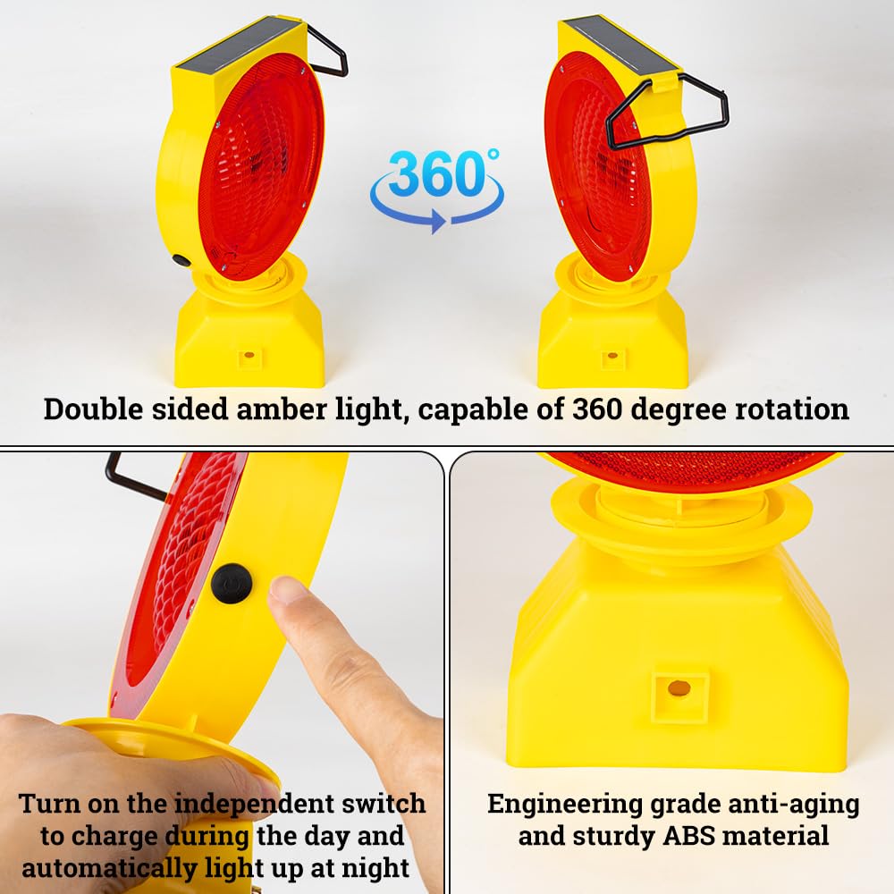Solar Industrial Warning Lights - Wireless Waterproof Rechargeable Safety Barricade Lights with 2-Sided Amber LED Flashing for Road Construction & Vehicle Emergencies | High Visibility Traffic Signals for Work Zones & Emergency Scenes