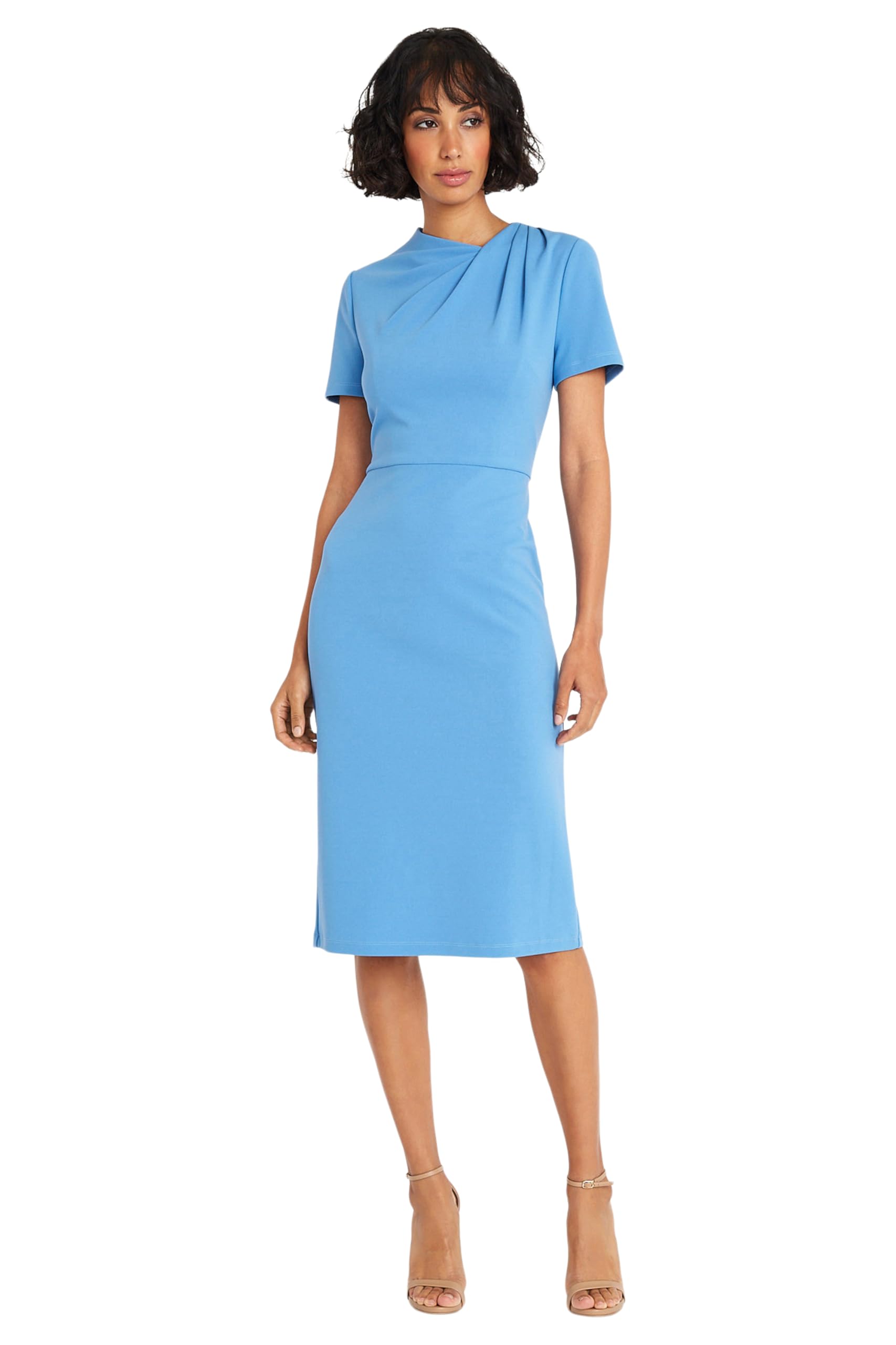 Maggy London Women's Chic Asymmetric Crew Neck Short Sleeve Below The Knee Dress - Perfect for Cocktail Parties, Date Nights & Summer Weddings
