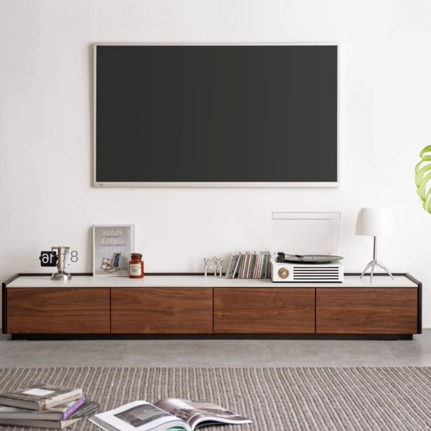 Premium Black Walnut Solid Wood TV Stand with Rock Slab Design - Modern Entertainment Center for Living Room, Home Theater & Media Storage