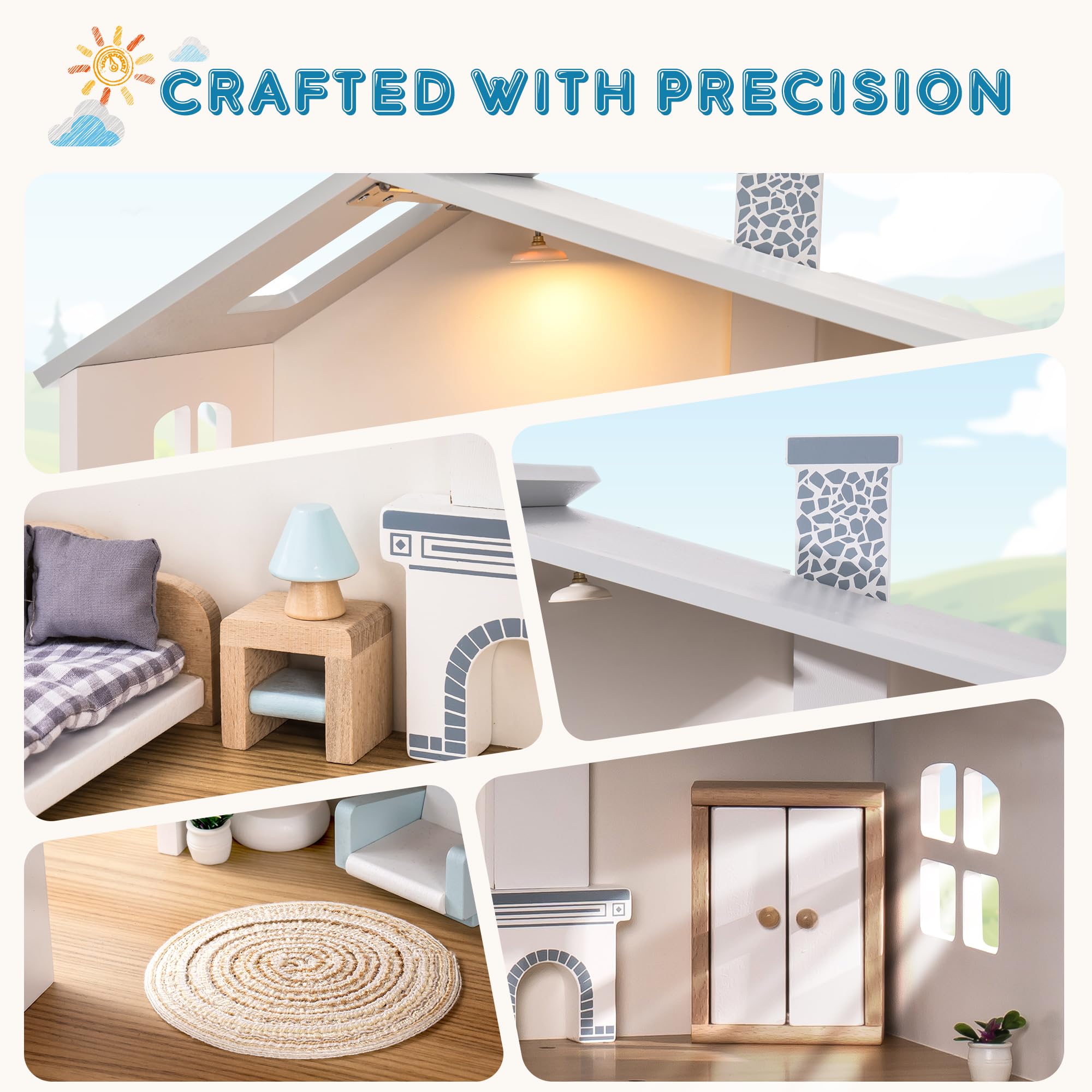 ROBOTIME Wooden Dollhouse with 29 Pieces of Furniture - 6 Room Miniature House for 4-6 Inch Dolls - Creative Gift for Kids Ages 3+ - Perfect for Pretend Play, Birthday Gifts & Home Decor