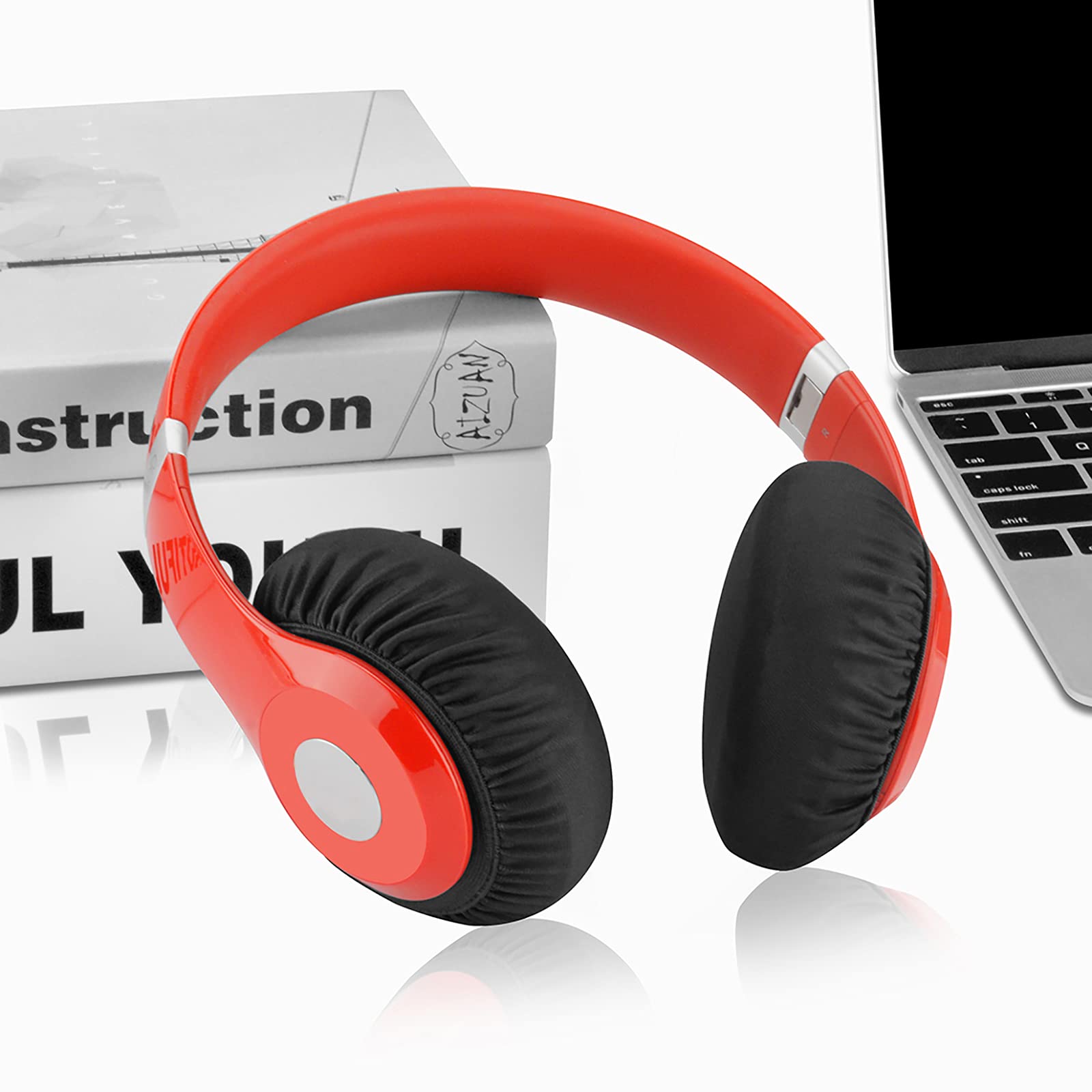 Geekria 2 Pairs Stretchable Headphone Ear Covers - Washable Fabric Sweat Protectors for Over-Ear Headphones (M/Black-Red) - Perfect for Gym, Gaming & Travel
