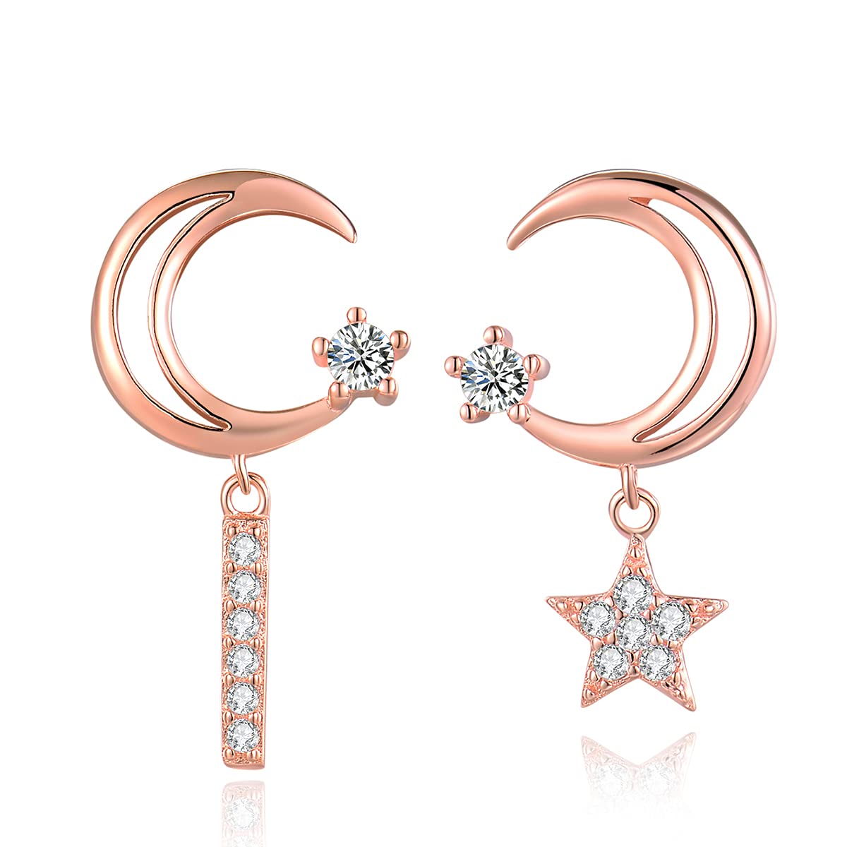 Moon and Star Earrings for Women - 925 Sterling Silver Rose Gold Plated CZ Stud Dangle Drop Earrings - Perfect Gift for Her, Birthday, Anniversary, Valentine's Day