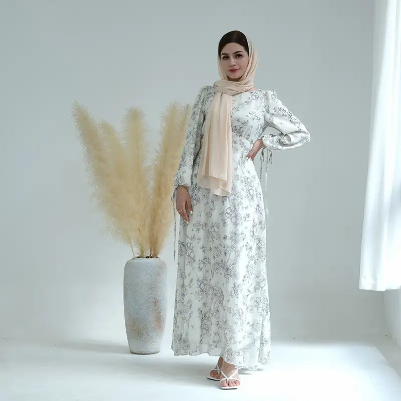 Elegant Printed Chiffon Muslim Women's Abaya Dress with Lining - Perfect for Prayer, Eid, and Special Occasions