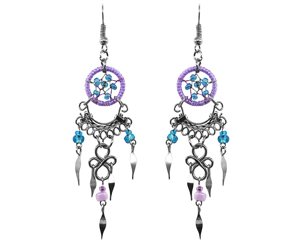 Mini Dream Catcher Long Seed Beaded Metal Chandelier Dangle Earrings - Handmade Boho Jewelry for Women | Perfect for Music Festivals, Beach Parties & Bohemian Style Outfits