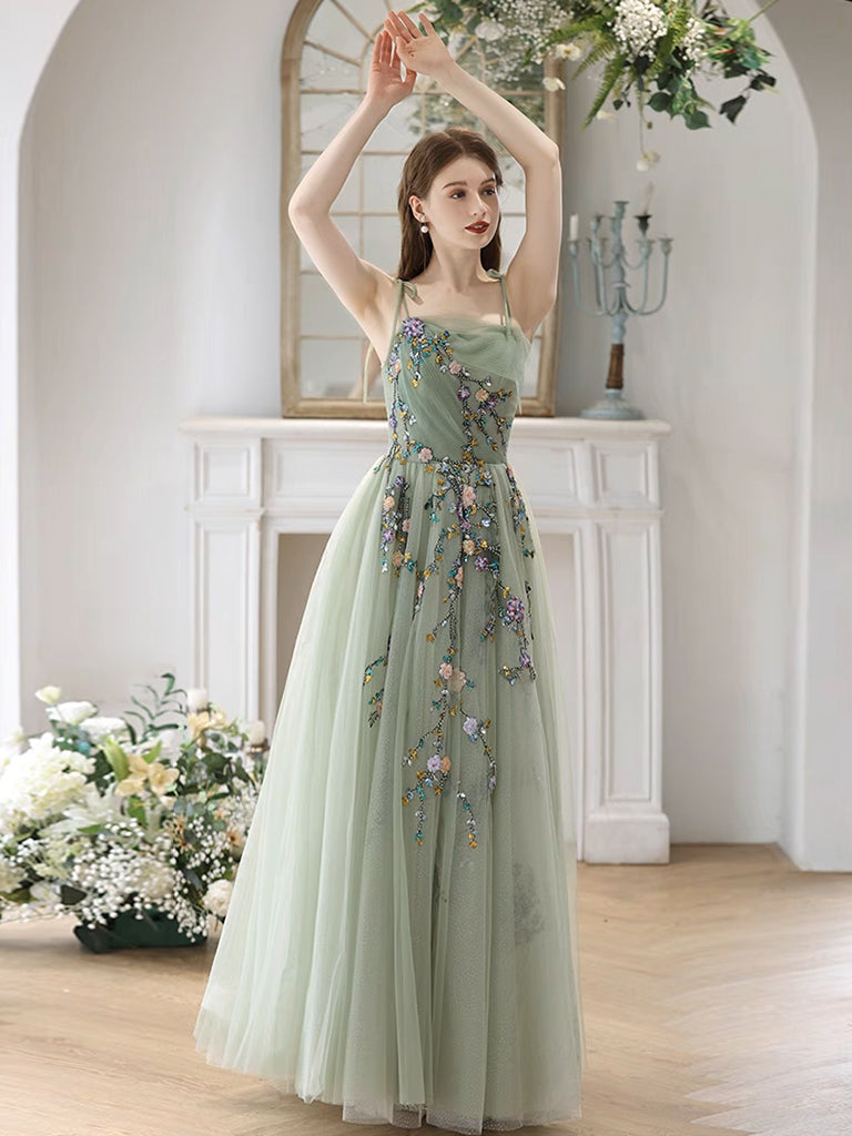 Elegant A-Line Tulle Sequin Lace Green Long Prom Dress - Formal Evening Gown for Homecoming, Quinceañera & Special Occasions