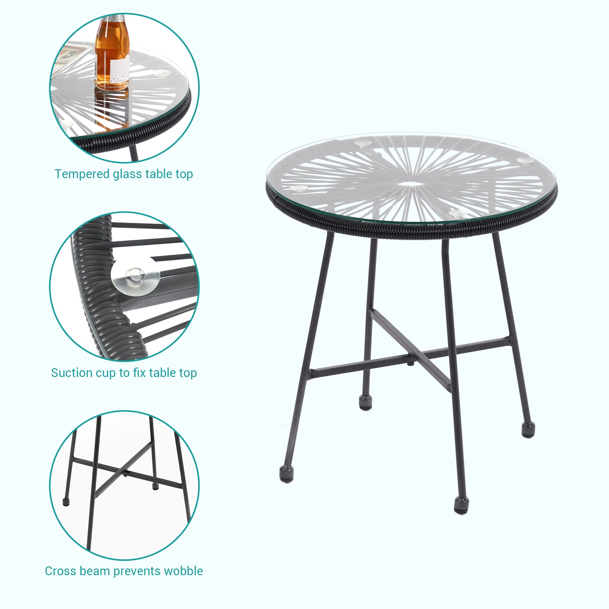 3-Piece Patio Furniture Set - Acapulco Chair with Tempered Glass Top Table & 2 Chairs - Indoor Outdoor Seating for Garden, Balcony, Poolside - Black
