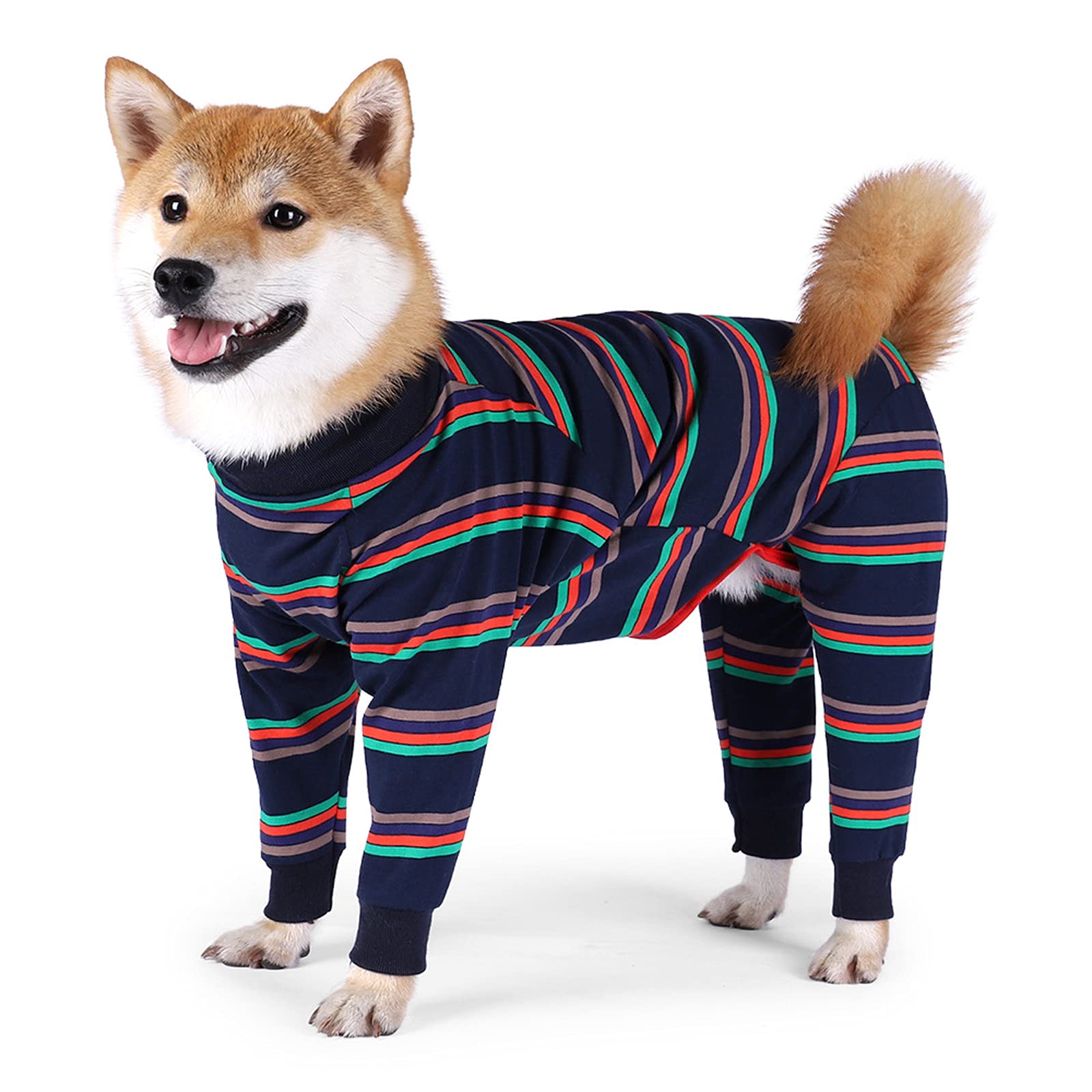 Striped Dog Pajamas - Elastic 4-Leg Jumpsuit for Medium & Large Dogs | Lightweight Pet Clothes for Comfort & Warmth | Perfect for Indoor Lounging, Cold Weather & Post-Surgery Recovery (Navy Blue, Size S)