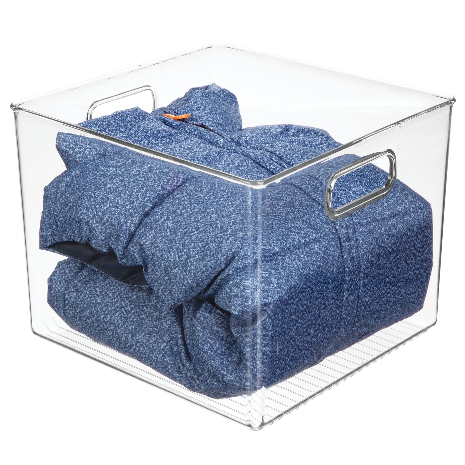 Modern Plastic Storage Bin with Handles - Small Clear Organizer Basket for Closet, Shelf, Cabinet & Cupboard Organization - Home Decor Storage Solution - Perfect for Bedroom, Bathroom & Office Use