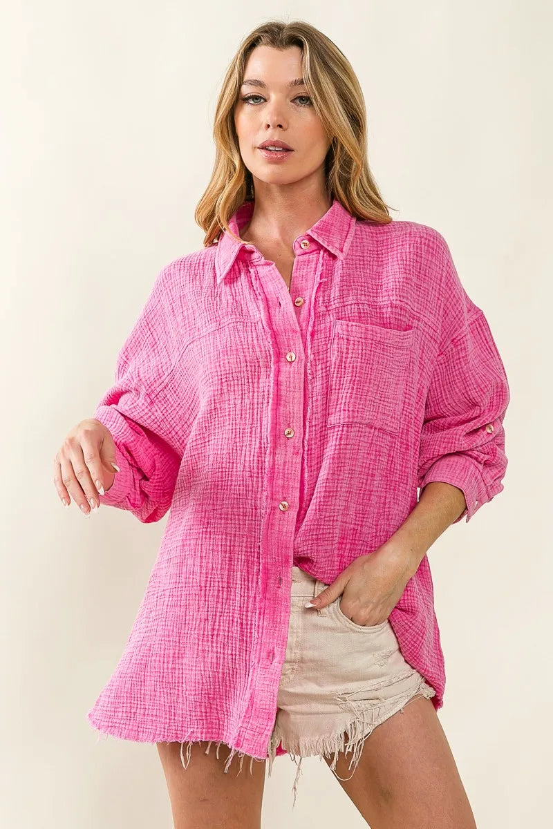 BiBi Raw Edge Detailed Mineral Washed Loose Fit Shirt for Women | Distressed Vintage Style Casual Top | Perfect for Streetwear, Layering & Everyday Outfits