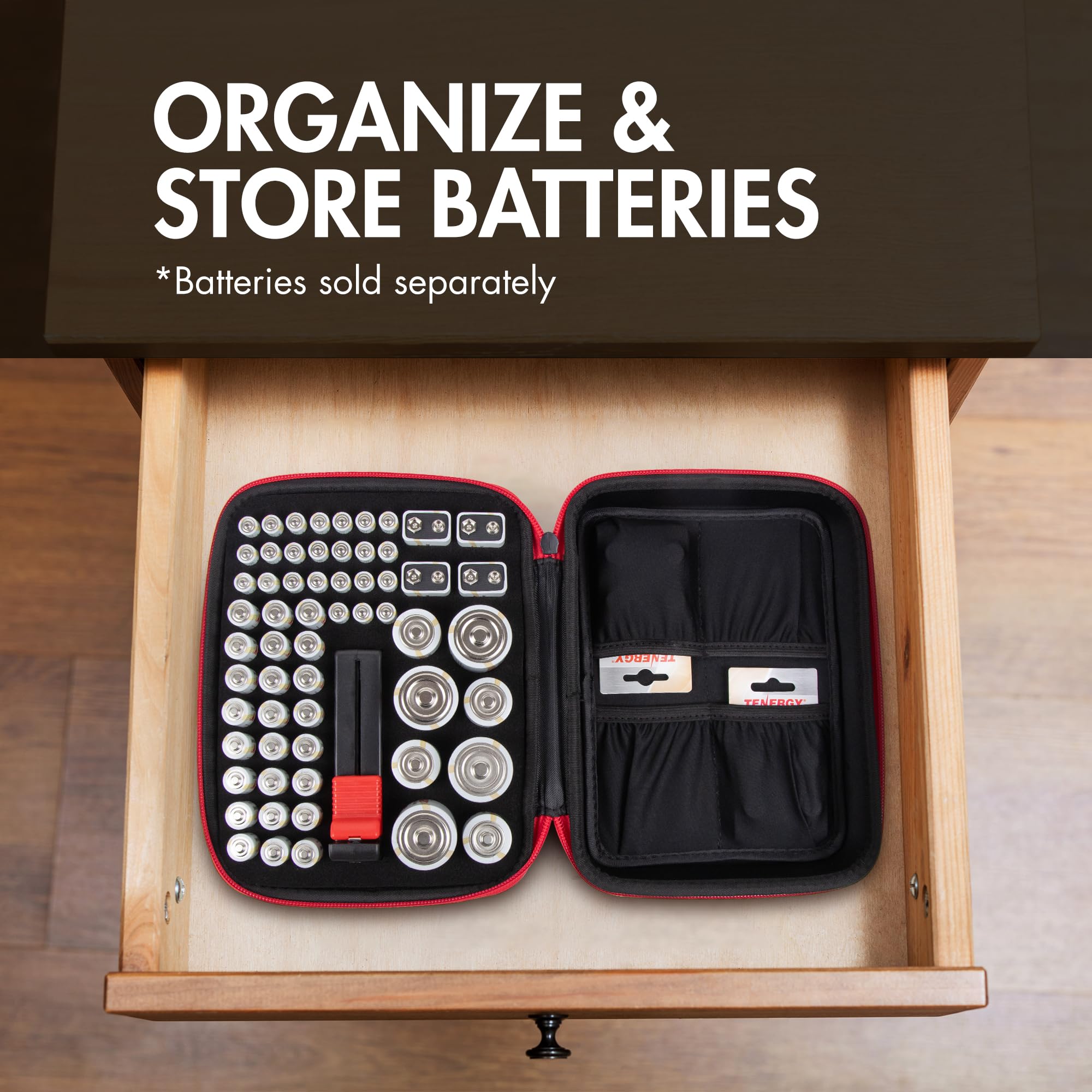 Tenergy Battery Organizer Storage Case with Built-in Battery Tester - Holds 60 AA AAA C D 9V Batteries (Batteries Not Included) | Perfect for Home, Office & Emergency Kits