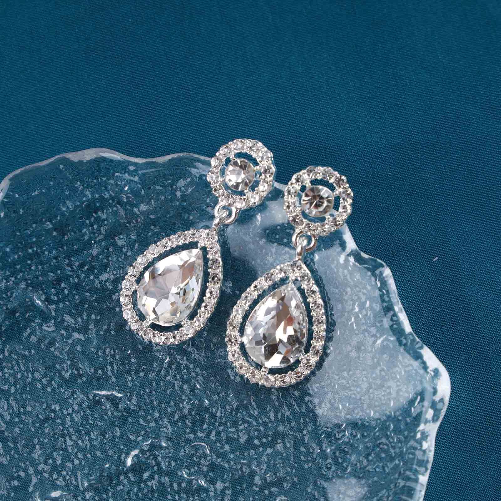 Boho Crystal Rhinestone Earrings for Women – Silver Waterdrop Dangle Earrings with Vintage Gemstone & Sparkly CZ Paved Circle Studs | Elegant Jewelry Gift for Girls, Party, Wedding & Daily Wear