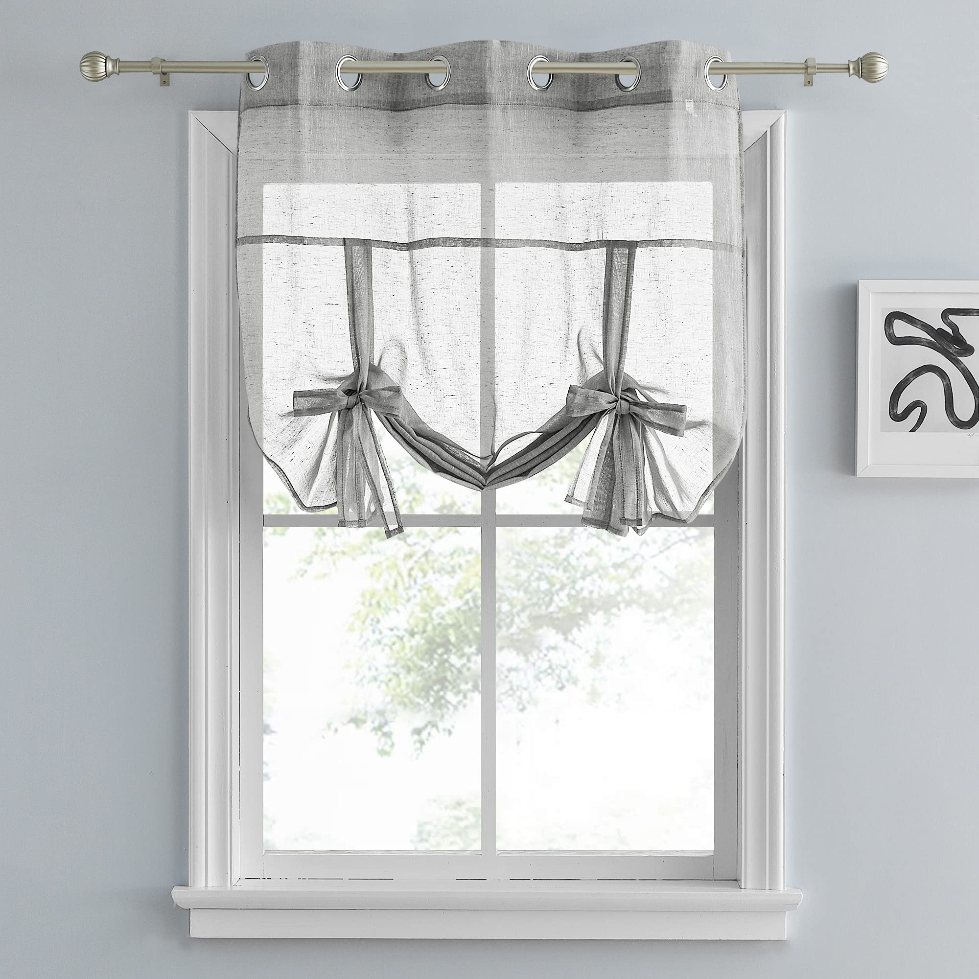 PONY DANCE Short Curtains for Small Windows - Adjustable Tie-Up Sheer Kitchen Curtains with Silver Grommet Top, 42
