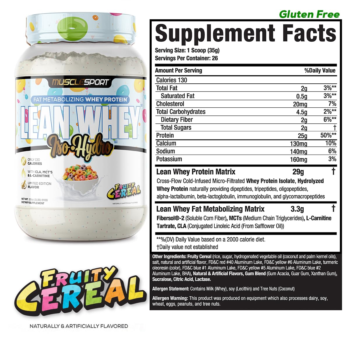 Musclesport Lean Whey Revolution™ Protein Powder - Whey Protein Isolate - Low Calorie, Low Carb, Low Fat Protein Supplement - 25g Protein per Scoop (2lb, Fruity Cereal) - Perfect for Post-Workout Recovery & Weight Management
