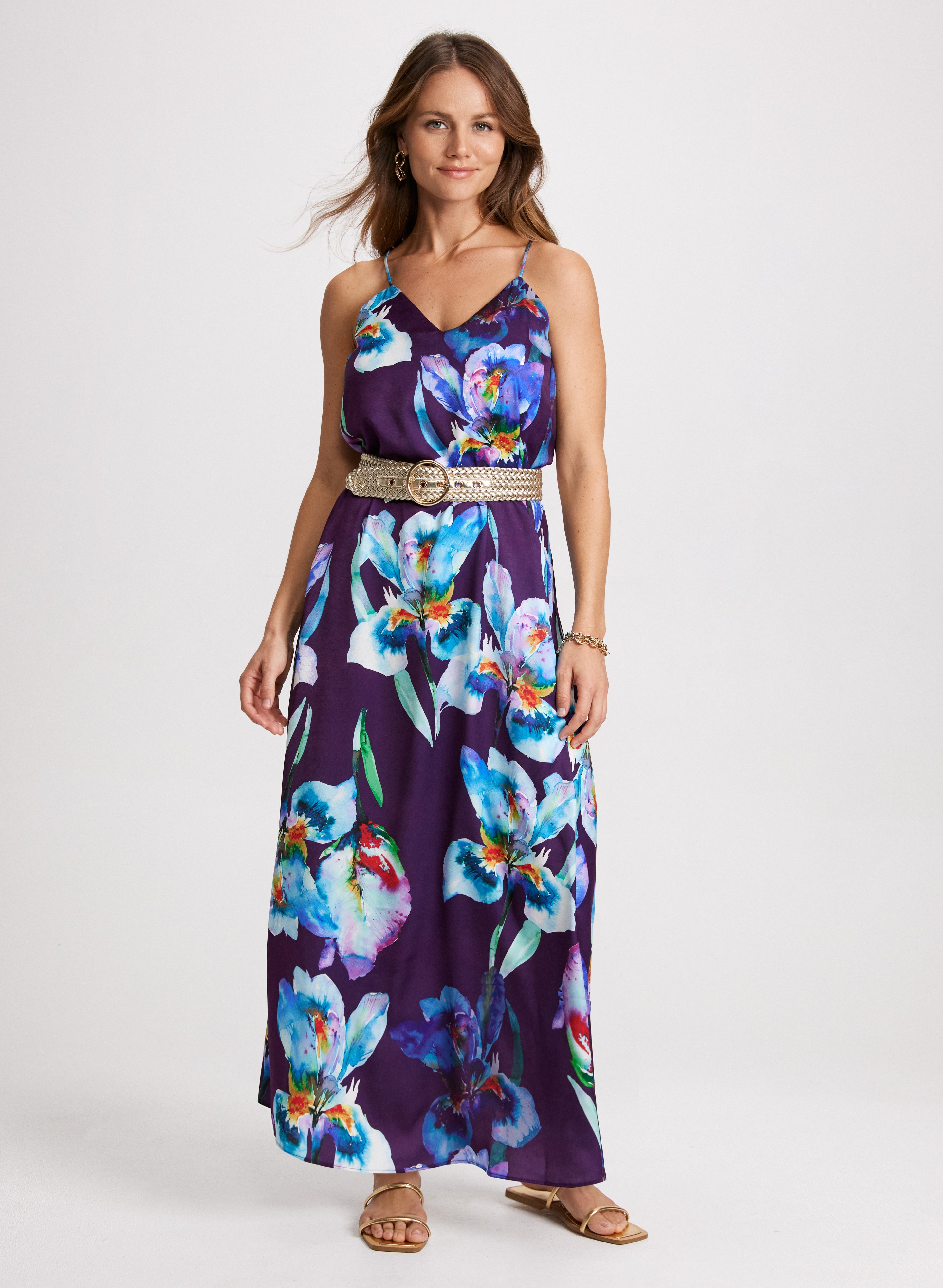 Floral Maxi Slip Dress for Women - Summer Boho Flowy Long Dress with Slit, Beach Wedding Guest Dress, Vacation & Party Wear