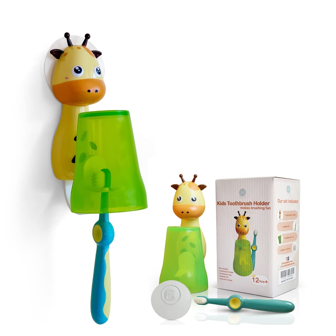 Giraffe Wall Mounted Toothbrush Holder for Kids - Ultra Soft Bristle Toothbrush & Hanging Bathroom Organizer | Perfect for Kids' Bathroom, Nursery, or Travel | Fun Tooth Brushing Solution for Children