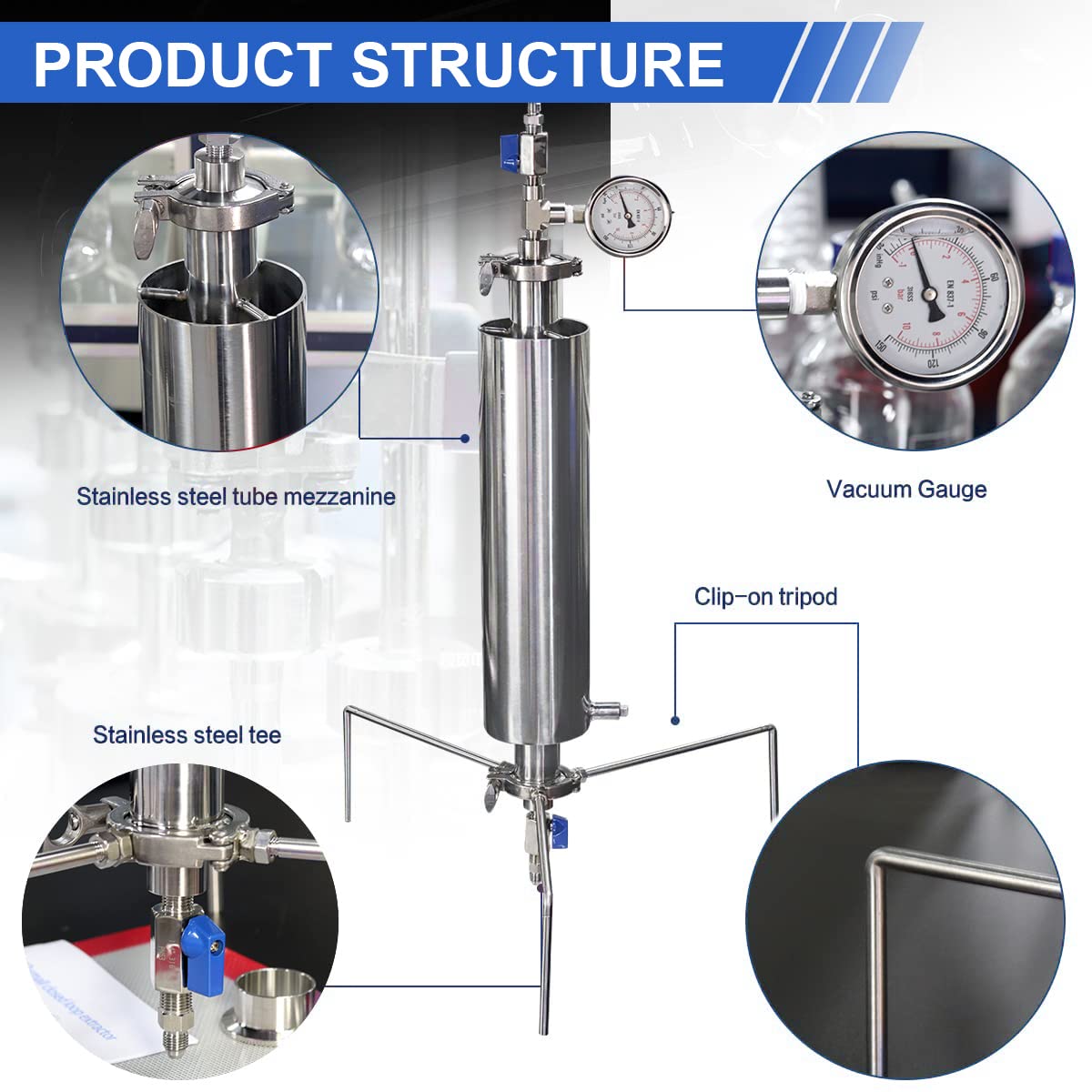 Premium Stainless Steel Vacuum Tube Kit - 90 Gram Double Layer Vacuum Chamber with Tripod Stand for Essential Oil Extraction from Plant Leaves | Perfect for DIY Aromatherapy, Herbal Remedies & Home Labs