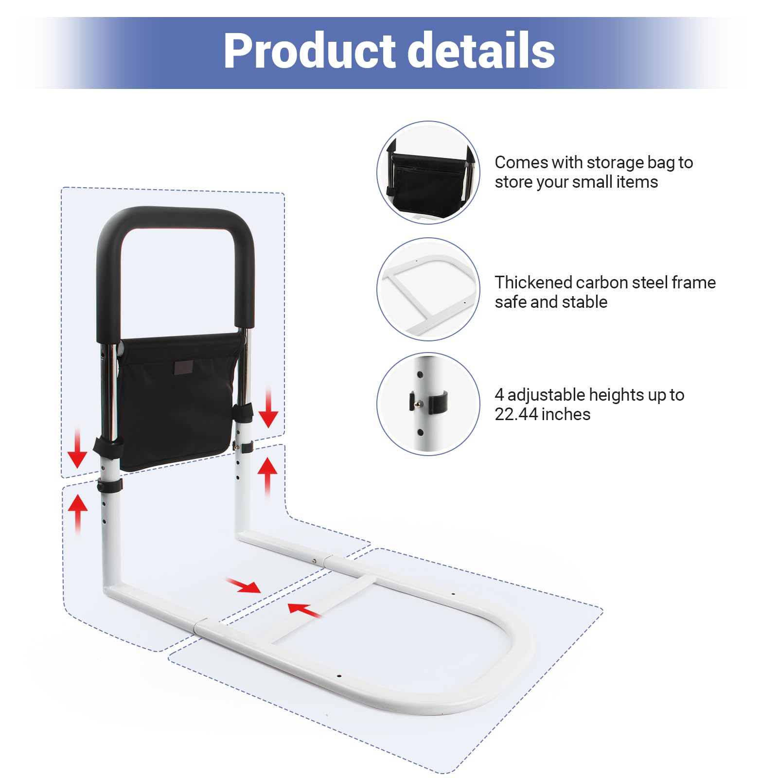 Elderly Bed Safety Rails - Adjustable Bed Assist Handles for Seniors, Fall Prevention Grab Bars for King, Queen, Full & Twin Beds - Ideal for Home Care, Hospitals & Assisted Living Facilities