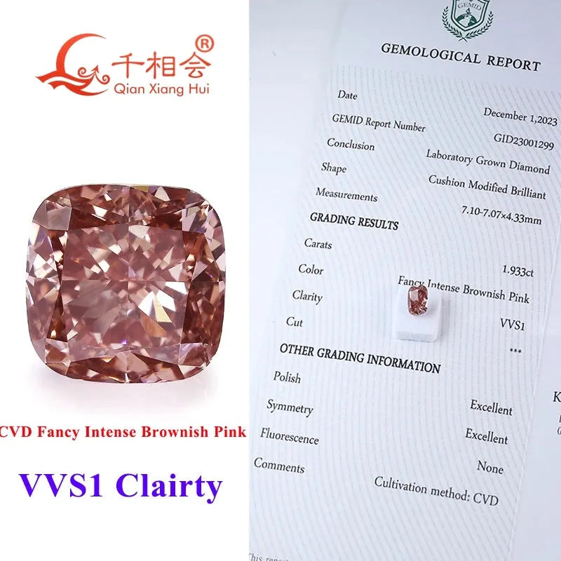 2.75ct CVD Lab Grown Diamond - Fancy Brownish Pink, VVS Clarity, Cushion Shape, GEMID Certified Loose Stone for Jewelry Making & Engagement Rings