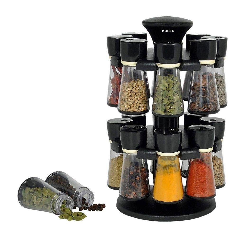 Radhna 16-Piece Clear Revolving Spice Rack Set - Stackable Plastic Spice Containers for Kitchen Storage | Space-Saving Organizer for Countertop, Pantry & Dining Table | Perfect for Cooking, Baking & Spice Display