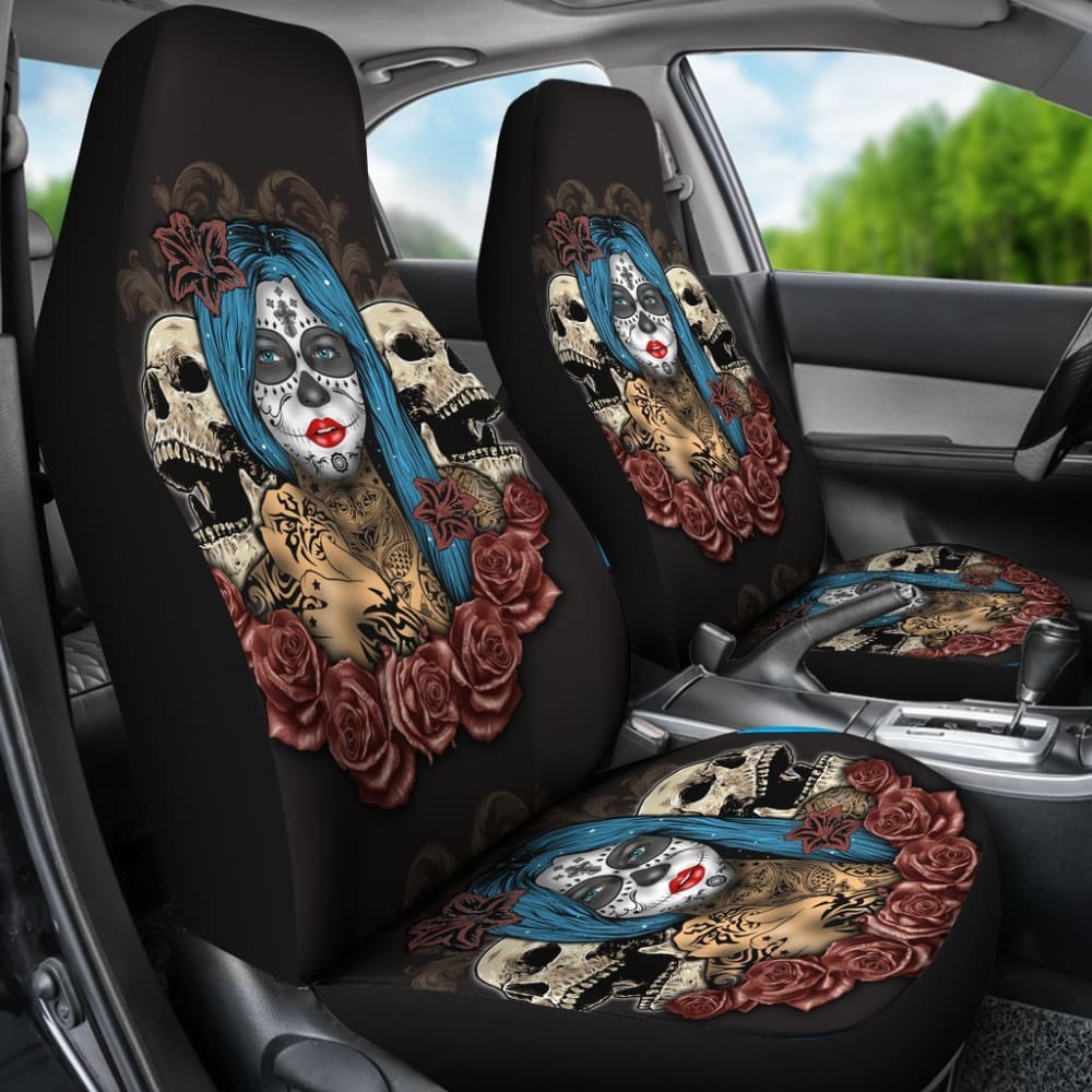 Blue Sugar Skull Seat Covers for Car - Gothic Dia de Los Muertos Style Car Accessories | Perfect for Halloween, Day of the Dead Decor & Custom Car Interior